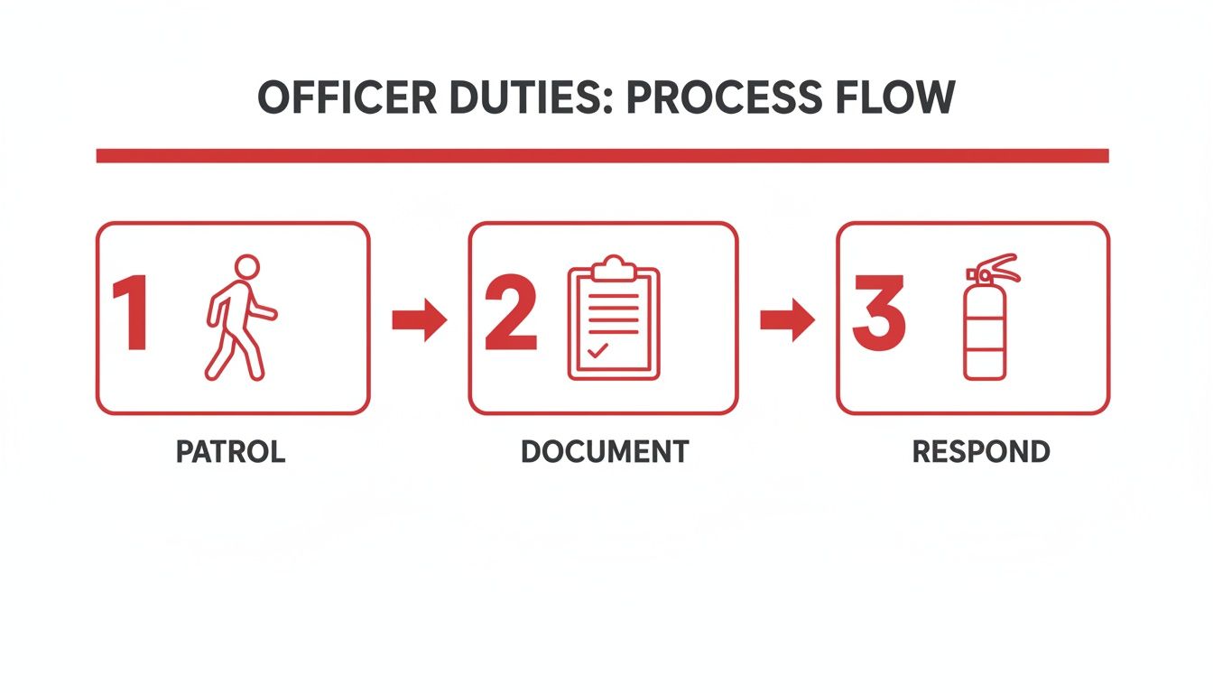 A process flow chart outlining officer duties: patrol, document, and respond, with icons.