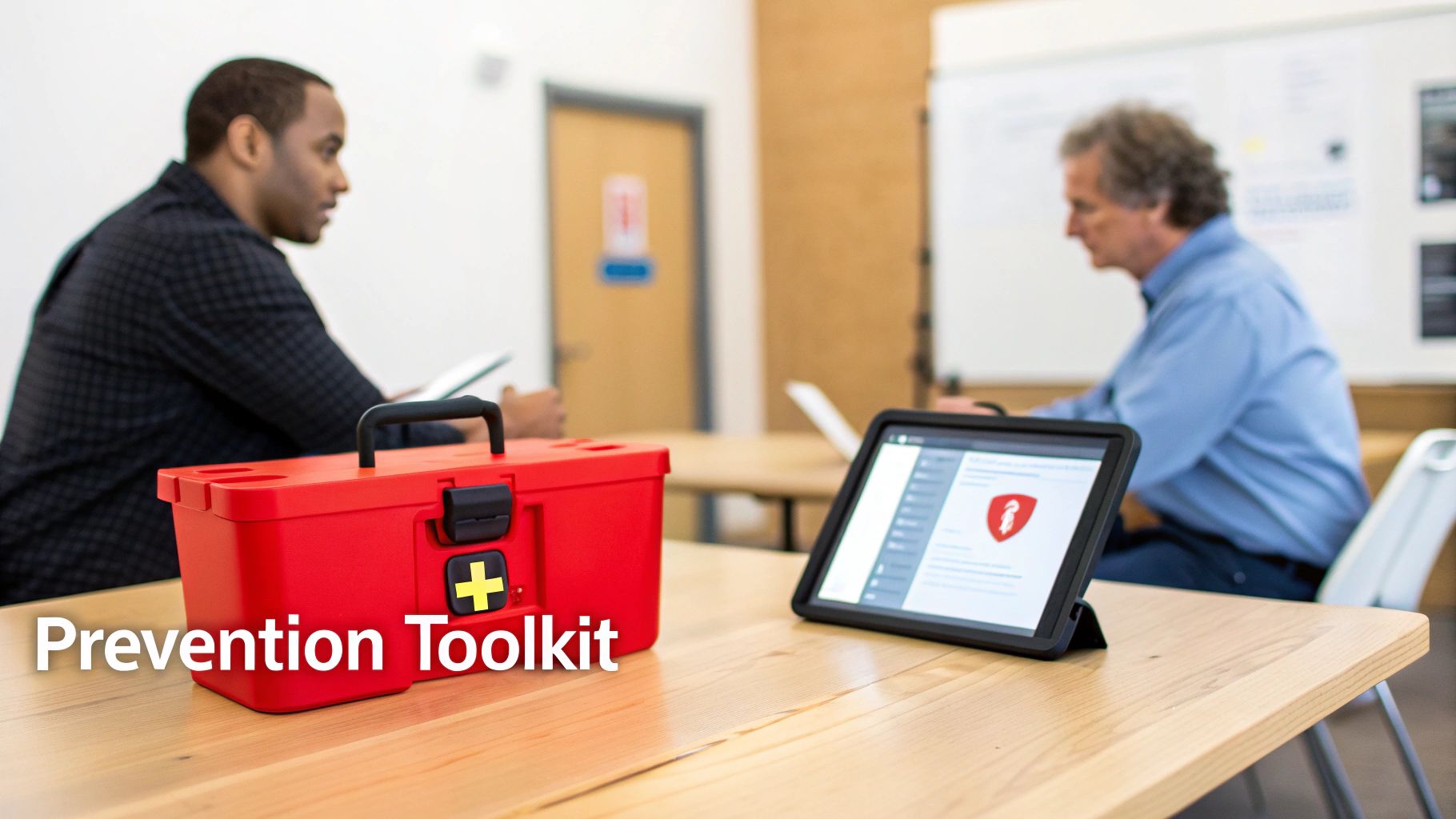 Two men in a professional setting with a red 'Prevention Toolkit' and a tablet displaying a security logo on a wooden table.