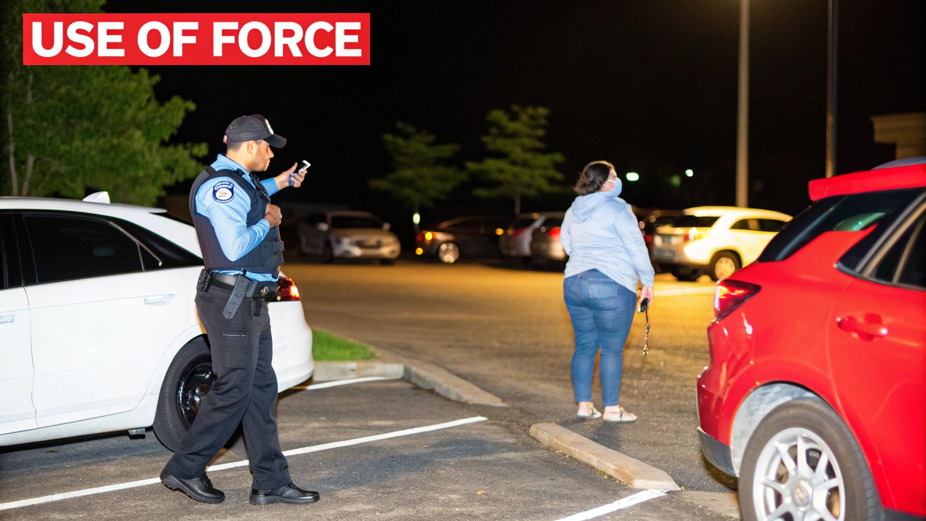 Security guard monitoring parking lot at night, using a smartphone, with a woman walking in the background; "USE OF FORCE" text overlay emphasizing security protocols.