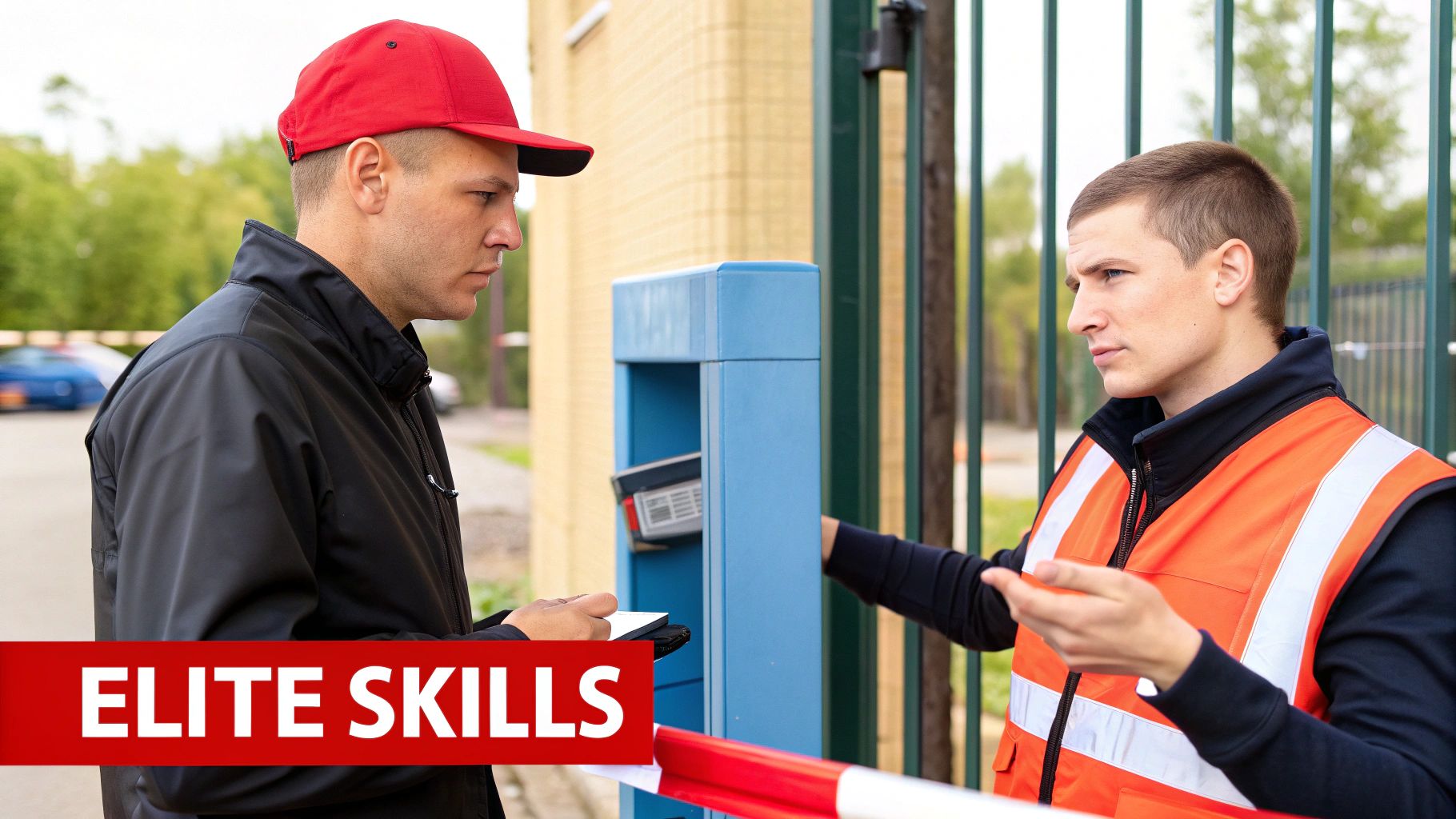 Security officer in orange vest engaging with a visitor at a gate, emphasizing elite skills in communication and problem-solving, with a focus on advanced security training.