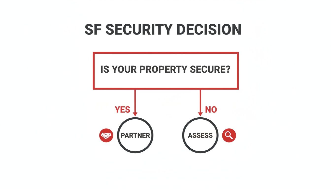 Flowchart showing SF security decision: Is your property secure? Yes, partner. No, assess.