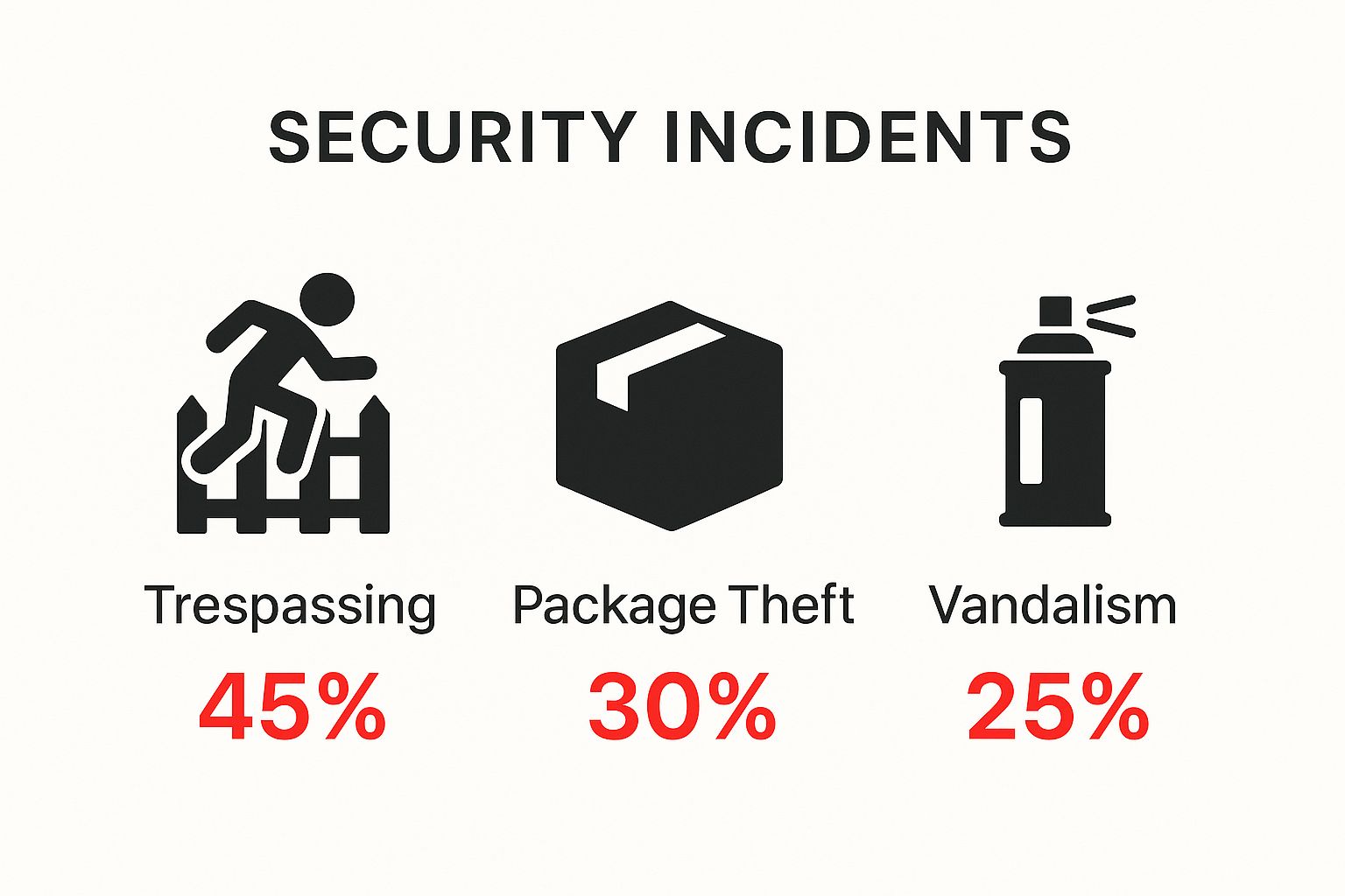 Security incidents infographic showing trespassing (45%), package theft (30%), and vandalism (25%) with corresponding icons and emphasis on community safety.