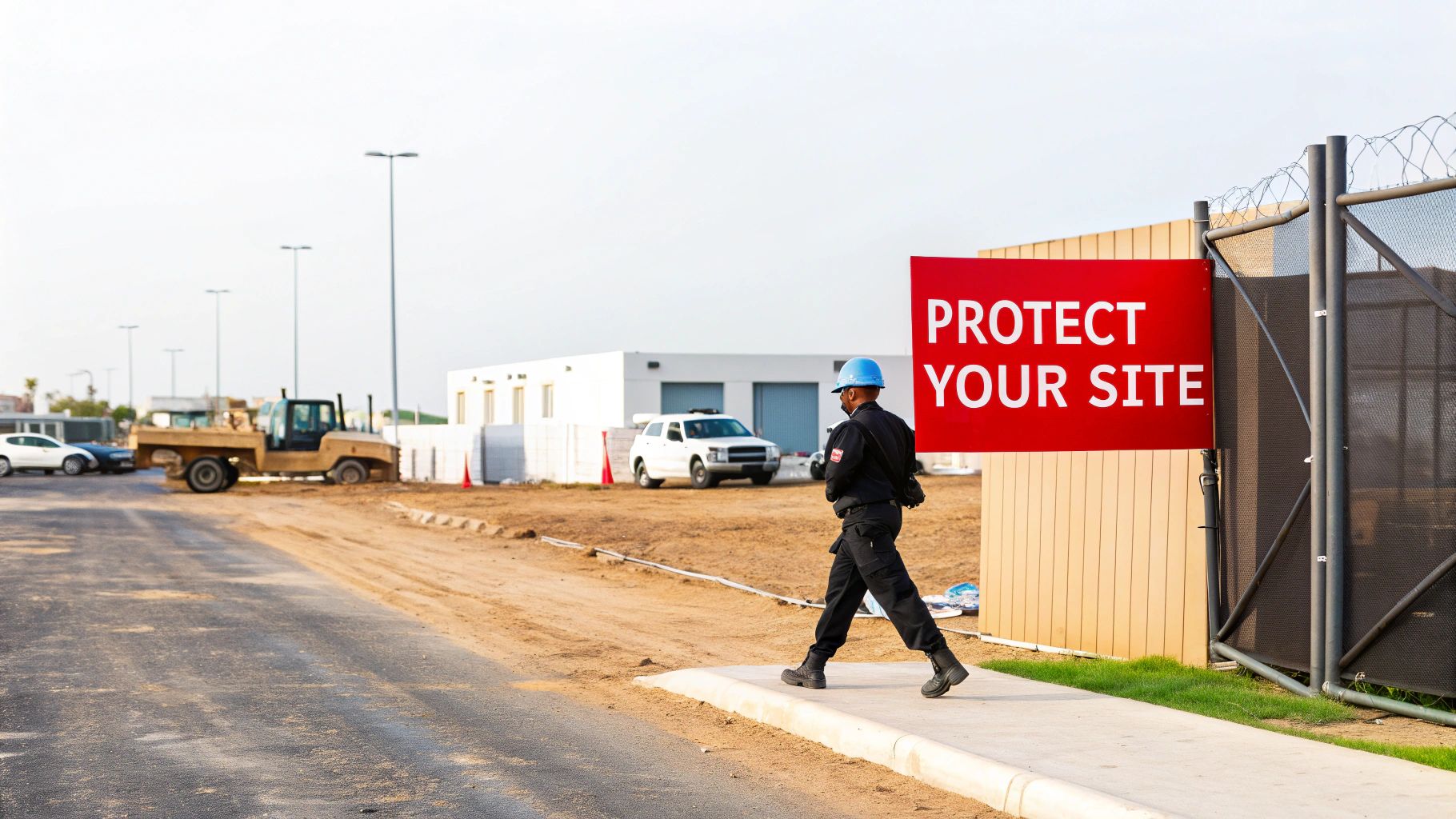 A security guard in a blue hard hat walks past a red "PROTECT YOUR SITE" sign at a dusty construction site.
