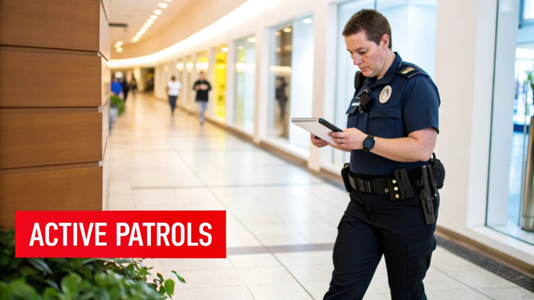 A male security officer in uniform uses a tablet during an active patrol in a shopping mall.