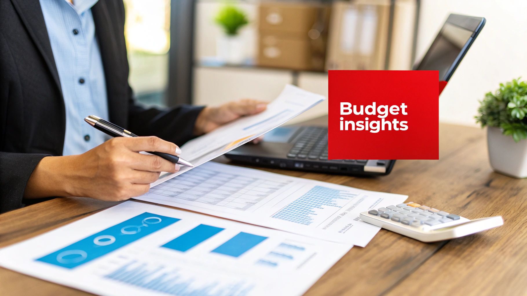 Person analyzing financial reports with graphs and charts on a desk, emphasizing budget insights and data-driven decision-making.
