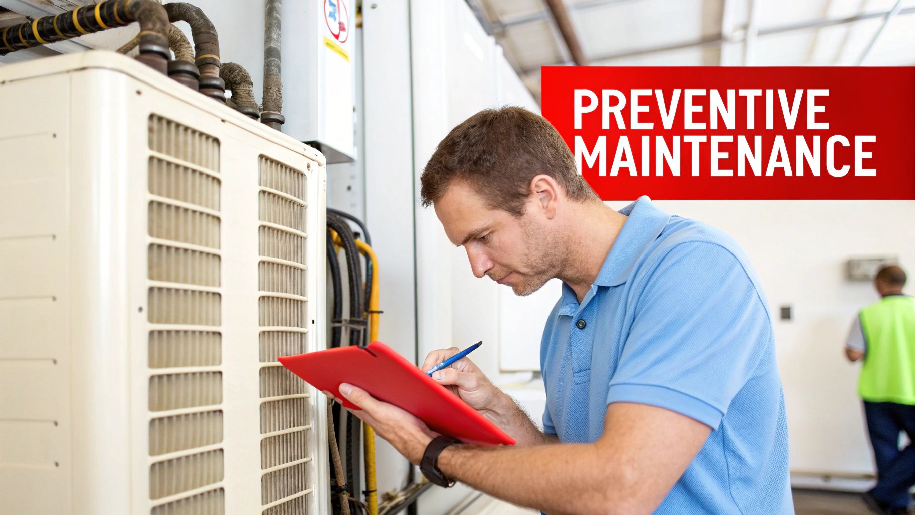 A technician inspects an HVAC unit, making notes on a clipboard for preventive maintenance.