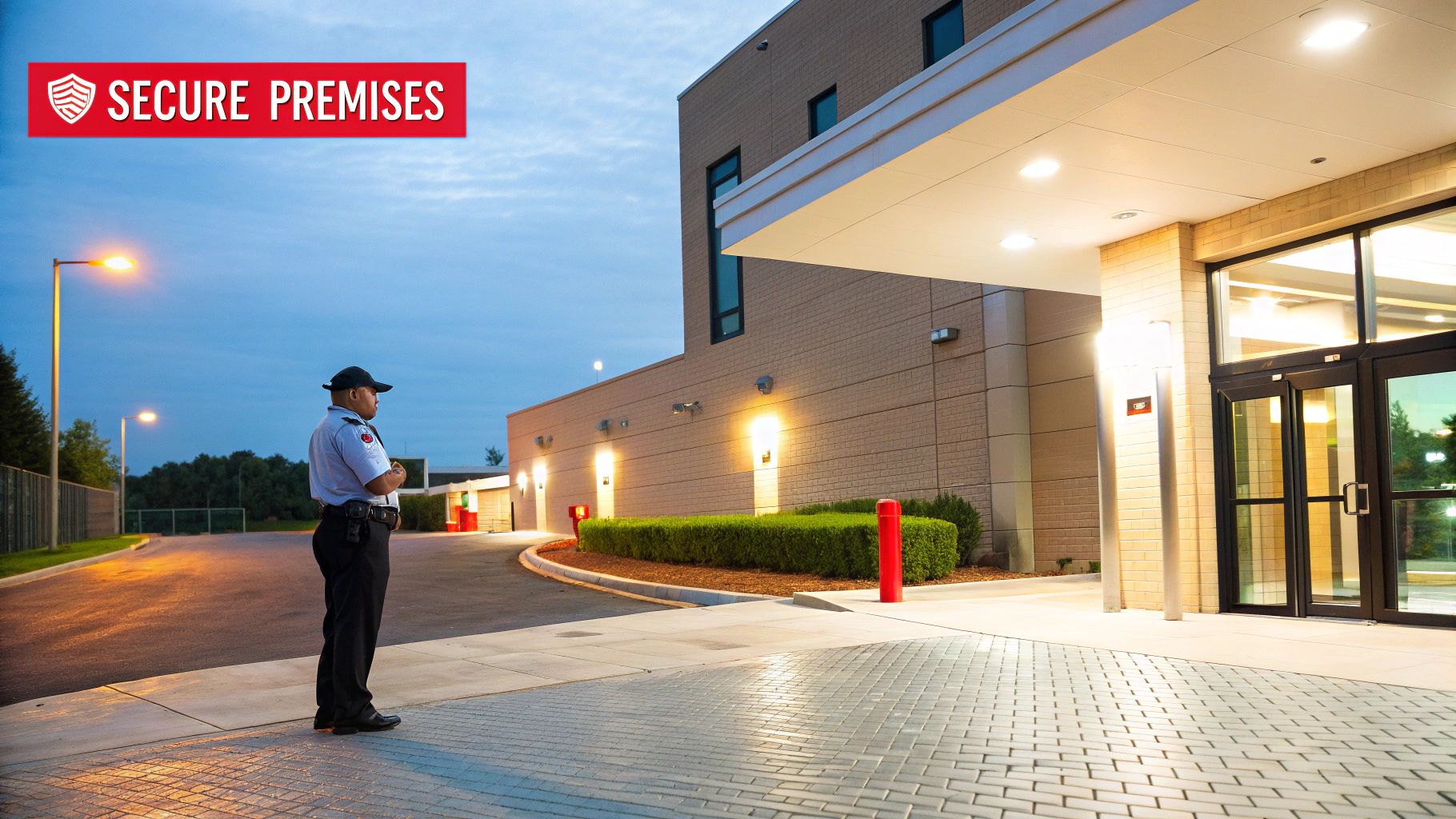 Uniformed security guard monitoring exterior of commercial building at dusk, with "SECURE PREMISES" graphic overlay, emphasizing the importance of professional security services for asset protection.
