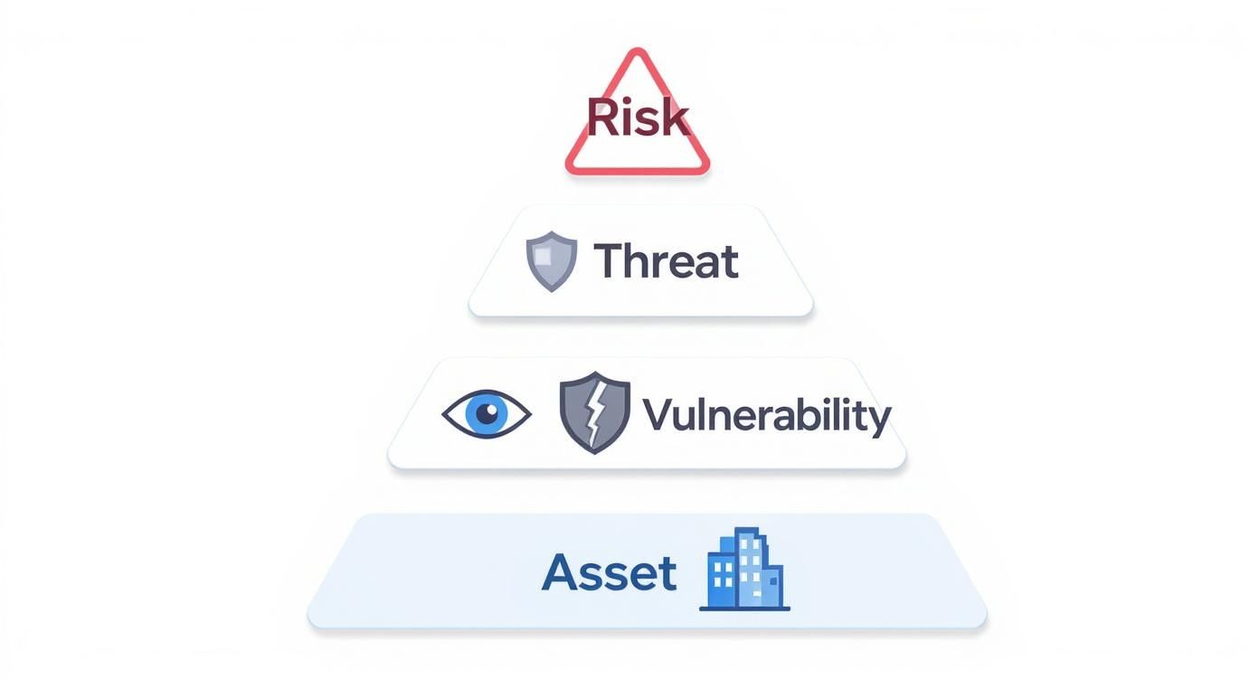 Cybersecurity risk assessment pyramid diagram showing risk, threat, vulnerability, and asset layers in hierarchical structure