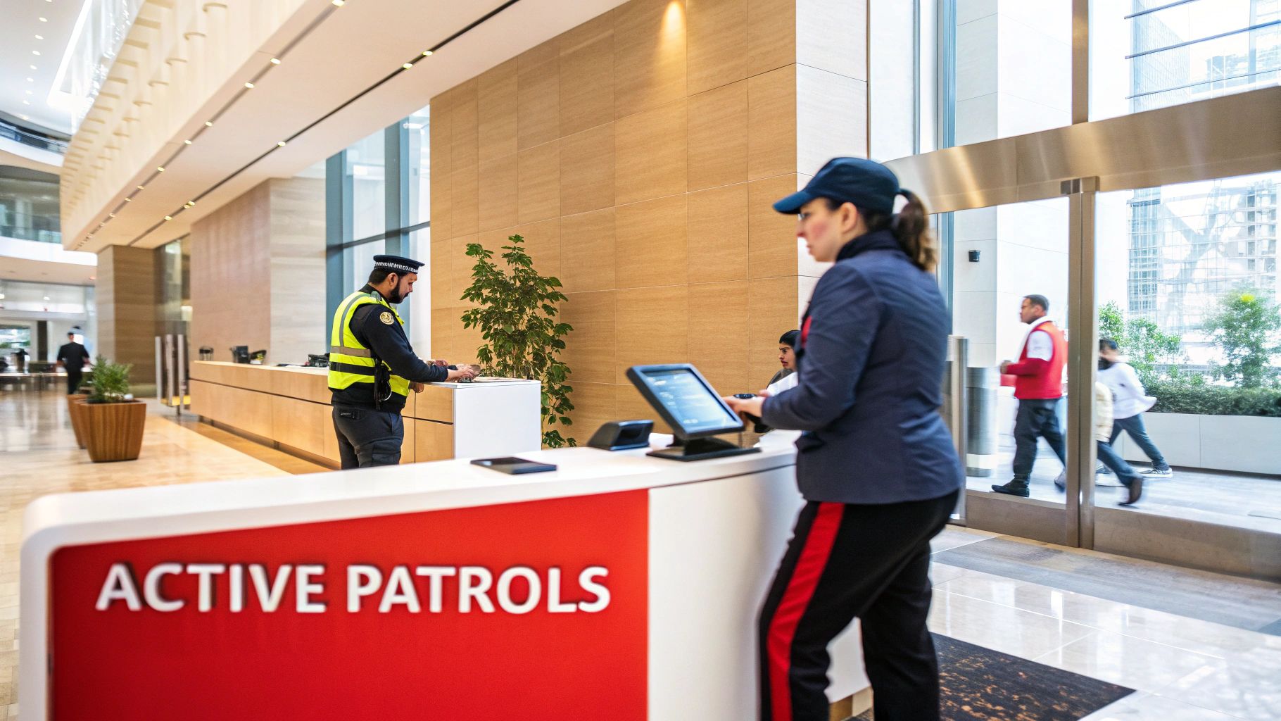 Two professional security guards monitoring a modern building lobby with an 'Active Patrols' sign.