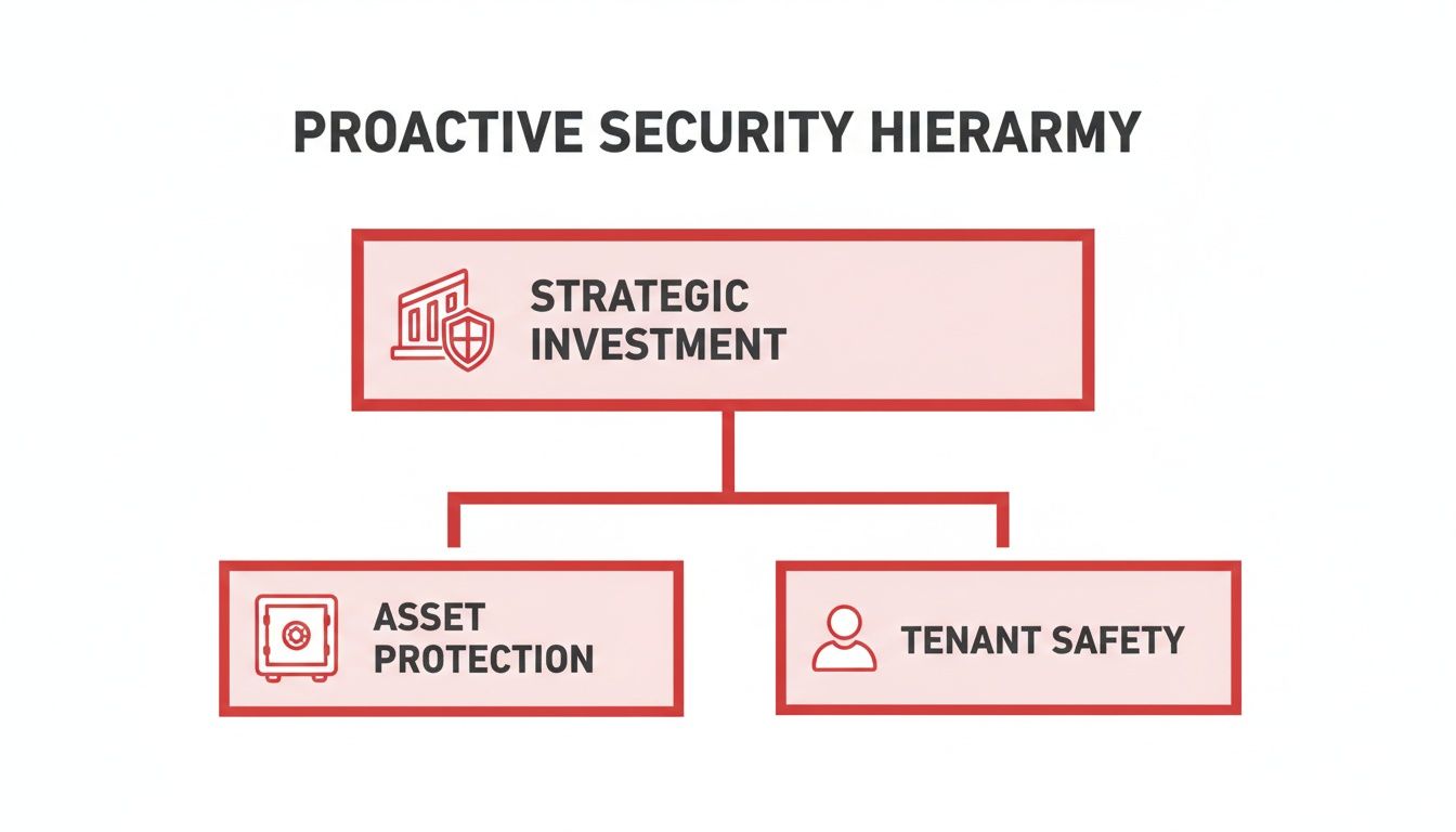 A red and white hierarchy diagram showing 'Proactive Security Hierarchy' with 'Strategic Investment' at the top, leading to 'Asset Protection' and 'Tenant Safety'.
