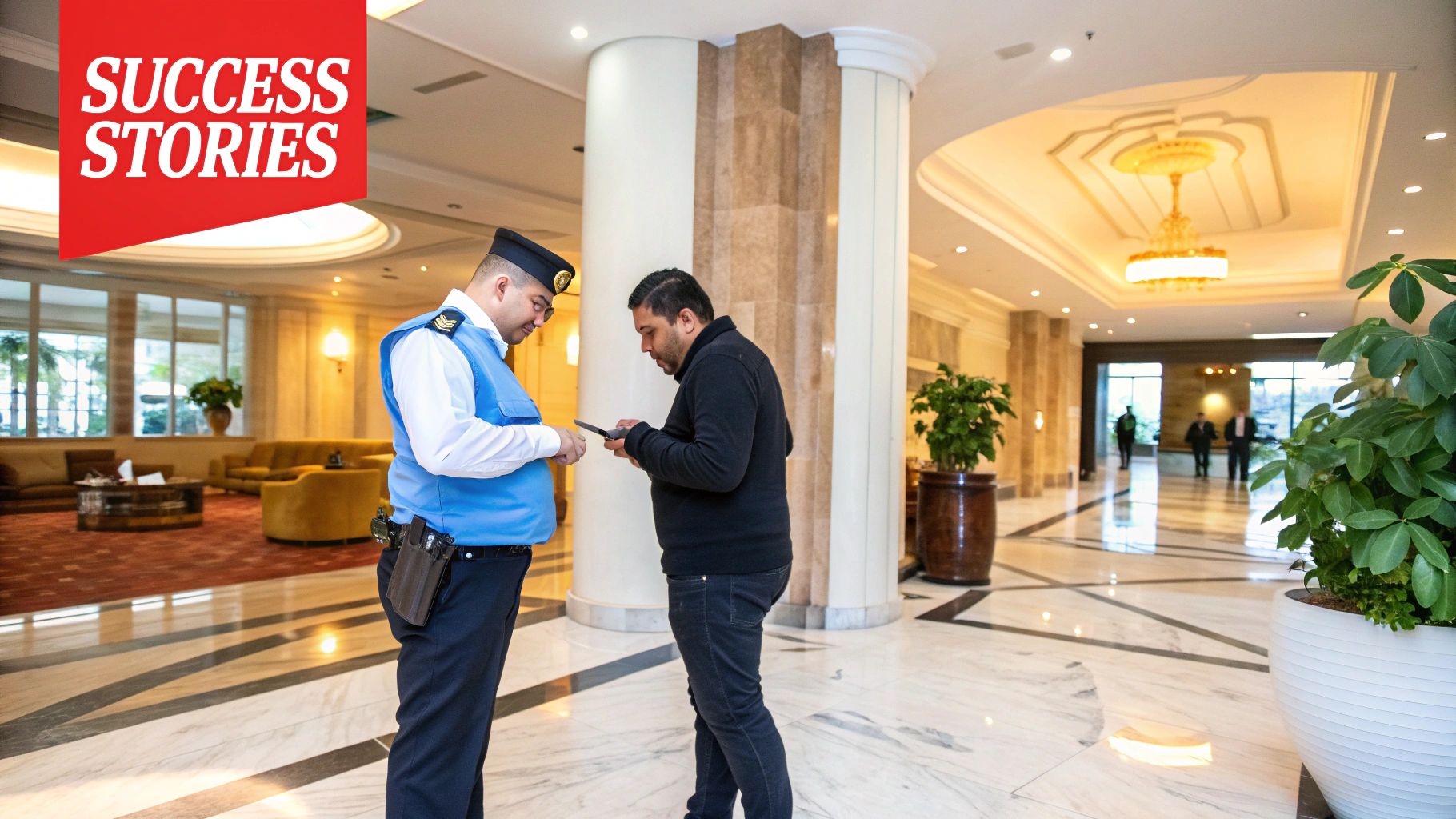 Concierge security officer assisting a visitor in a luxurious lobby, showcasing hospitality and security services in Sacramento.
