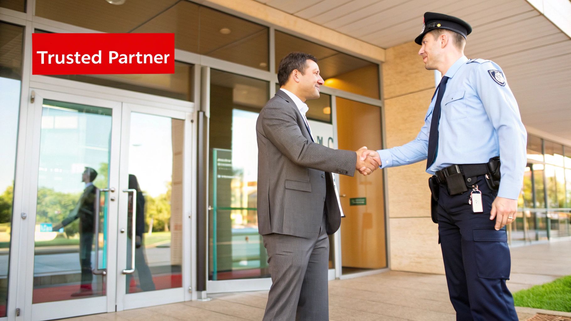 Professional security officer shaking hands with a business client outside a modern building, labeled "Trusted Partner," symbolizing collaboration in security services and proactive property protection.