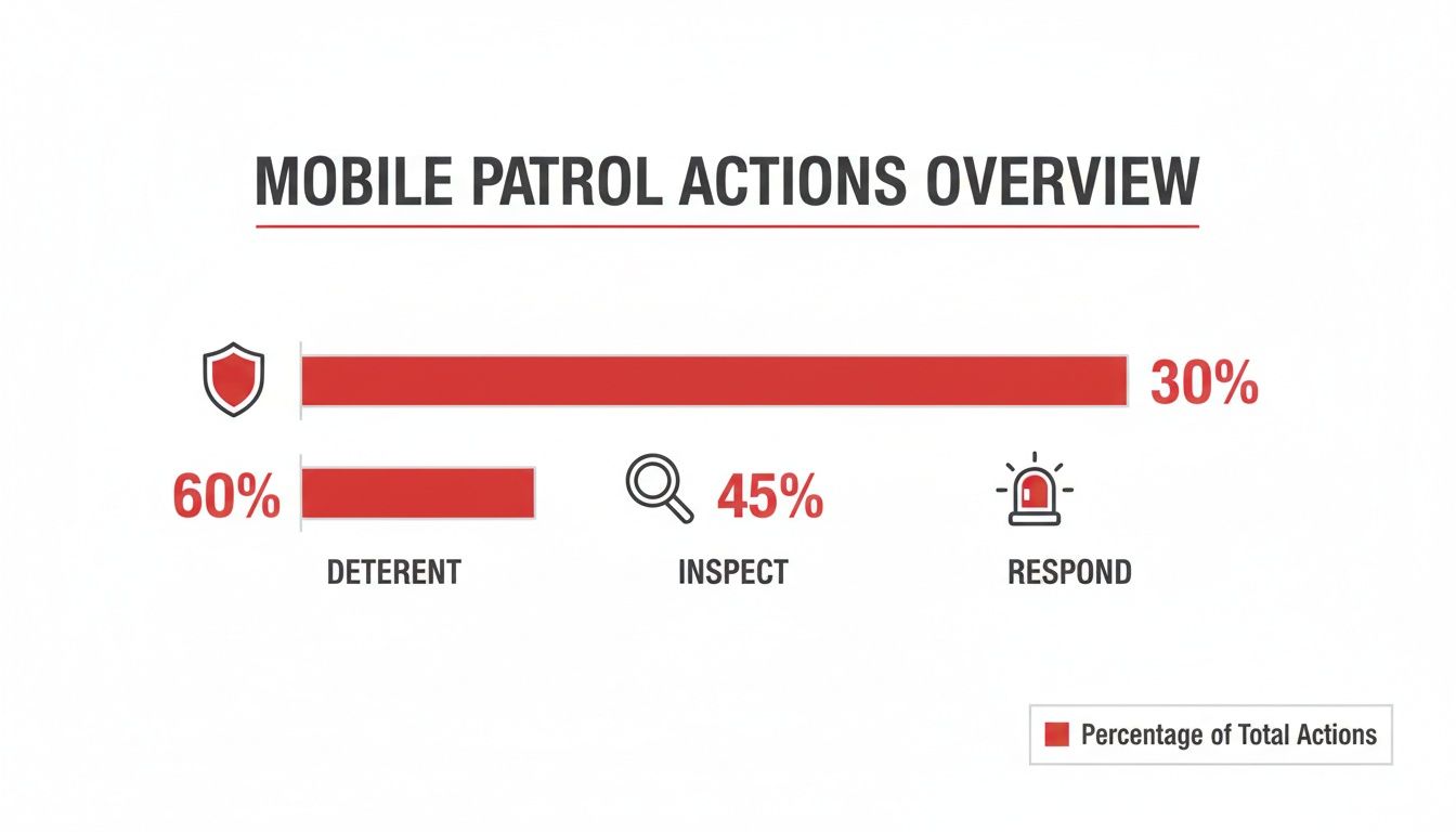 Infographic titled 'Mobile Patrol Actions Overview' showing percentages for security functions: 60% Deterrent, 45% Inspect, 30% Respond, and a general 30%.