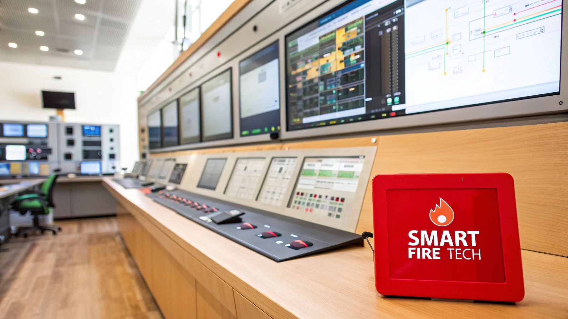 Smart fire safety control room with digital monitors, control panels, and a red tablet displaying "SMART FIRE TECH," emphasizing modern technology for proactive fire prevention.