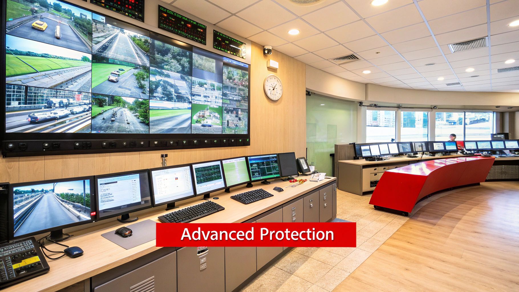 A security officer inspecting the perimeter of a modern commercial building in Irvine.