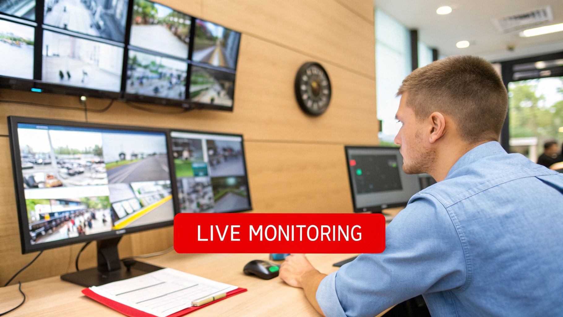 A person in a control room overseeing multiple screens displaying live security camera feeds.