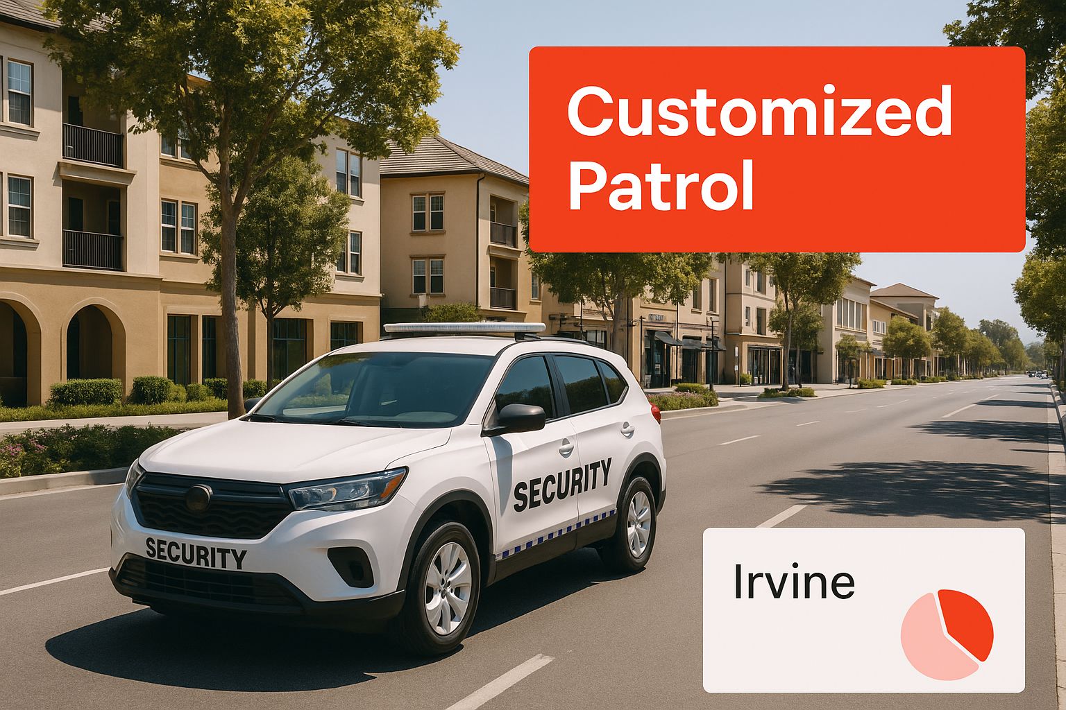 Vehicle patrol marked "SECURITY" on residential street in Irvine, emphasizing customized security services for community safety.