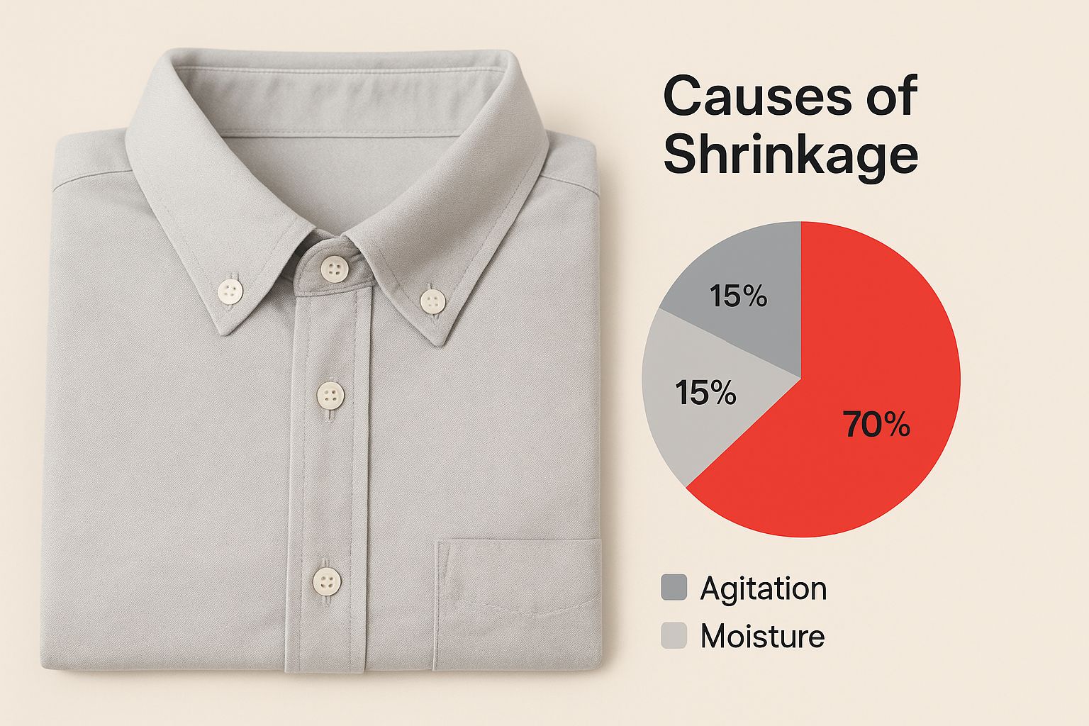 Folded gray shirt with buttons beside pie chart illustrating causes of shrinkage: 70% agitation, 15% moisture, labeled "Causes of Shrinkage."