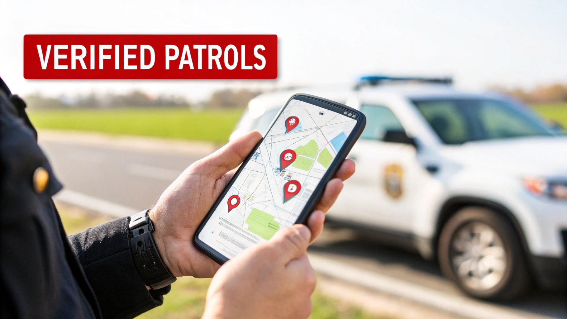 A person's hands hold a smartphone showing a map with verified patrol locations and a police car.