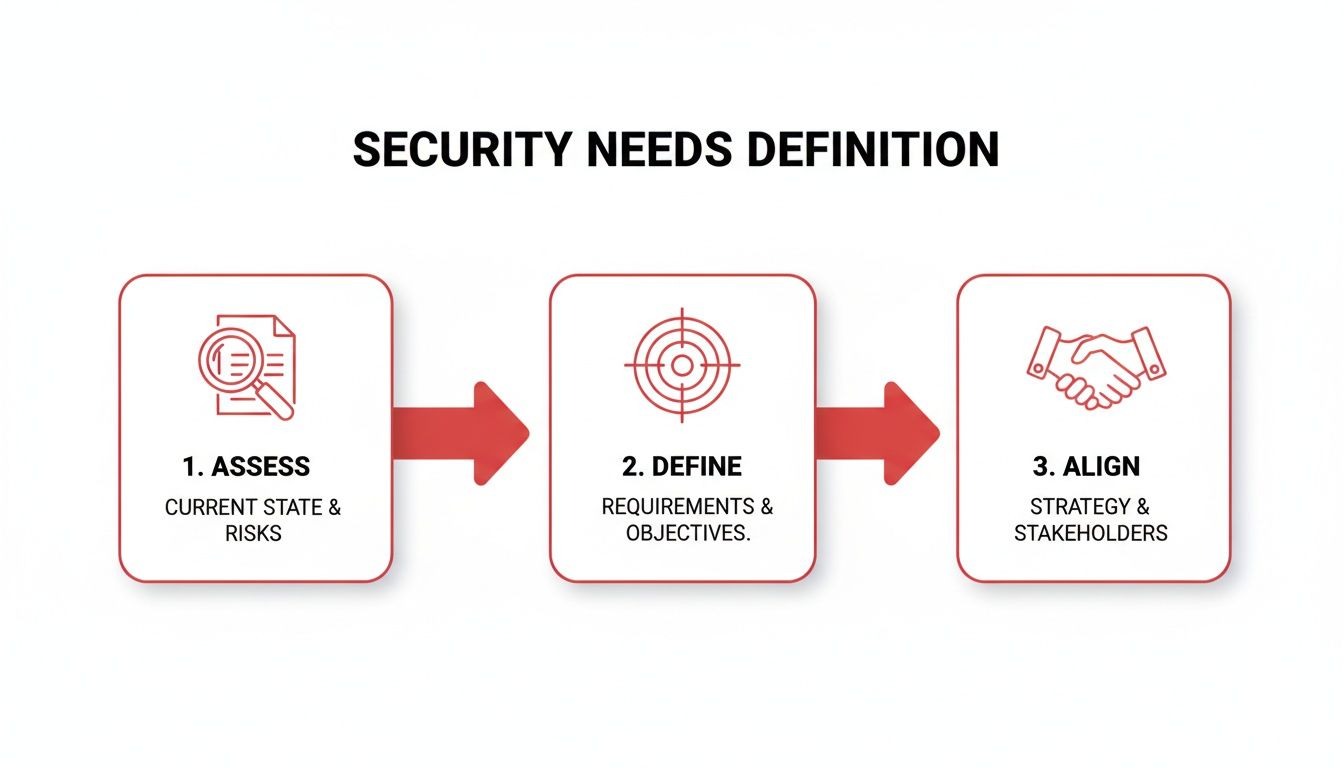 A three-step diagram outlining the security needs definition process: Assess, Define, and Align.