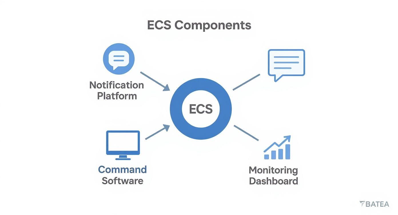 Infographic illustrating components of an emergency communications system (ECS), featuring a central ECS circle connected to a notification platform, command software, and monitoring dashboard, emphasizing their interconnected roles in crisis management.