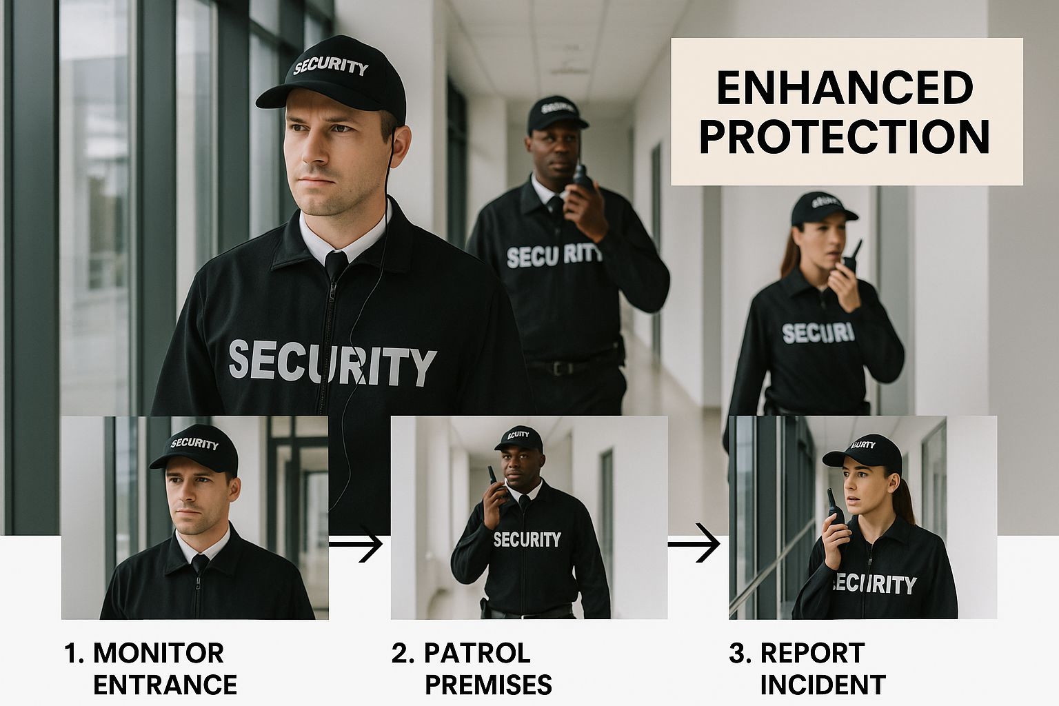 Security personnel in uniforms monitoring entrance, patrolling premises, and reporting incidents, emphasizing enhanced protection and proactive security measures.
