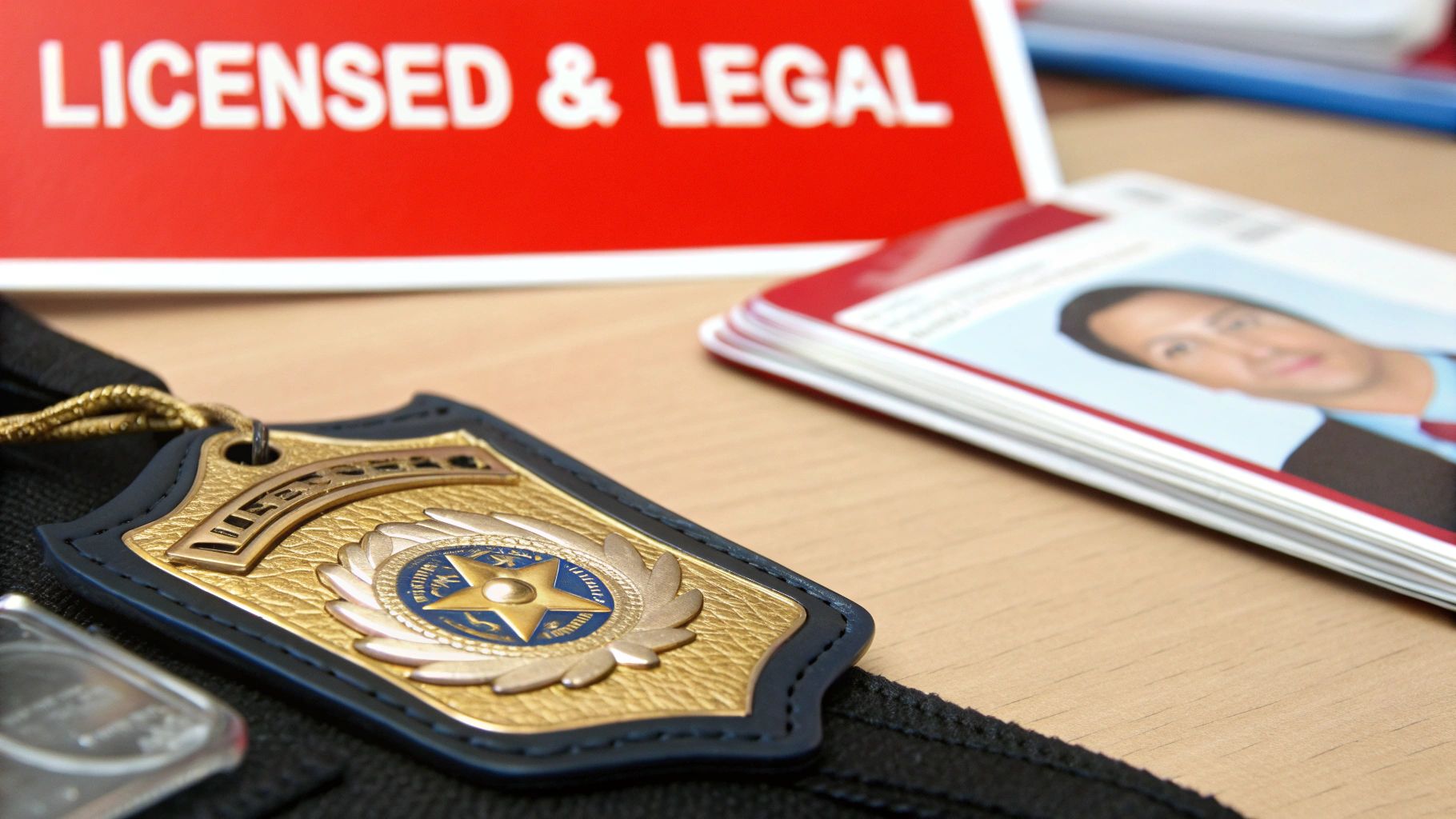 Licensed security badge with gold emblem and identification cards on a desk, emphasizing professional security services by Overton Security in San Diego.
