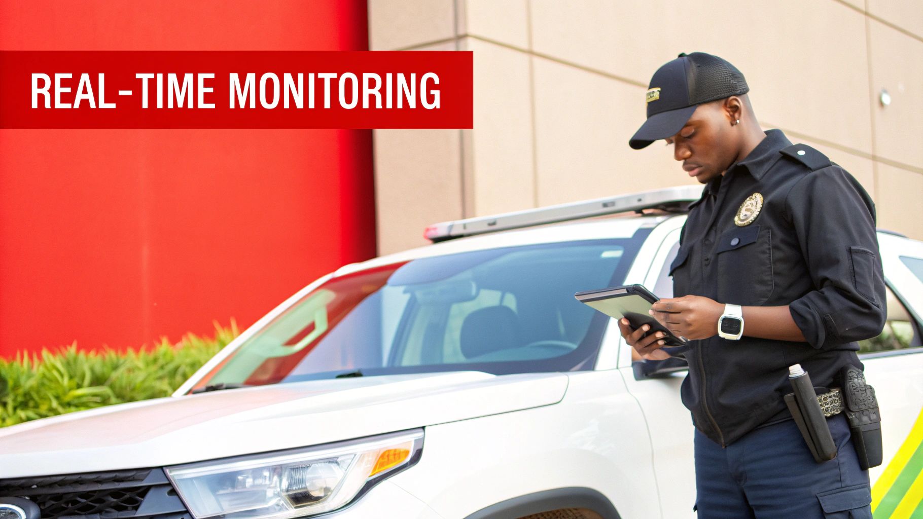 An Overton Security officer standing professionally by a patrol car