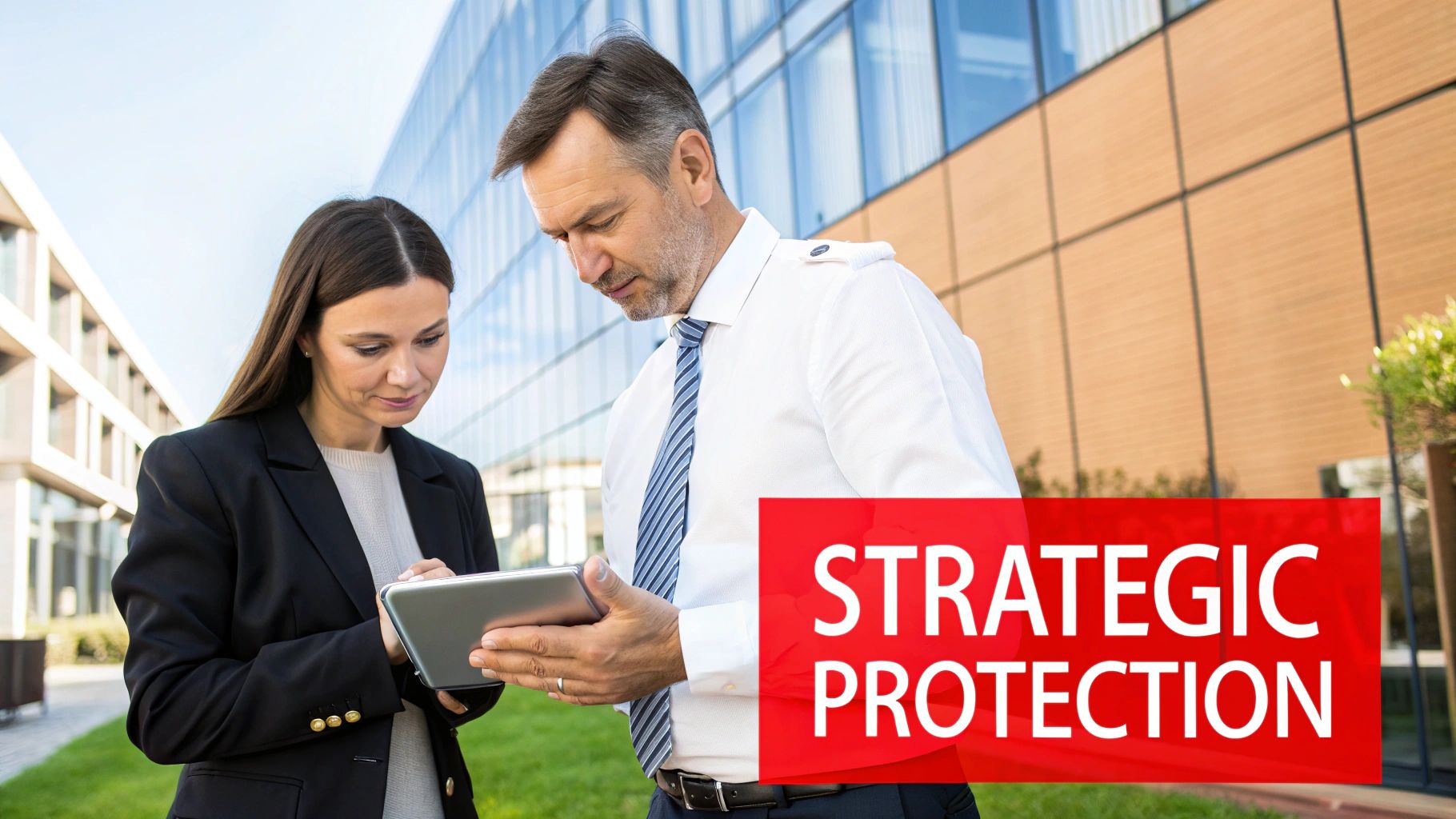 Two business professionals, a man and a woman, review content on a tablet outside an office building.