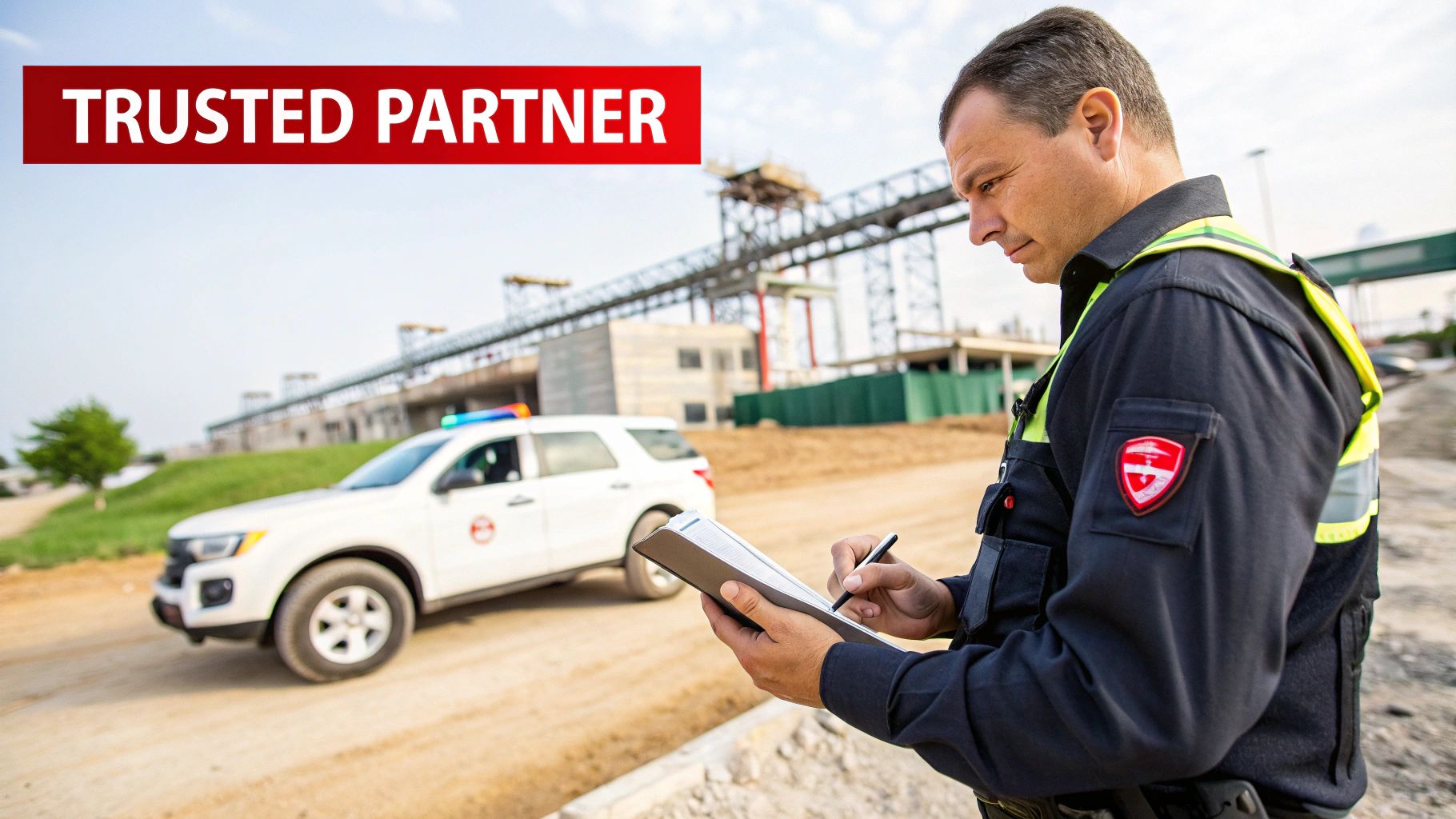 A security guard in uniform writes on a clipboard with a police car at an industrial site.