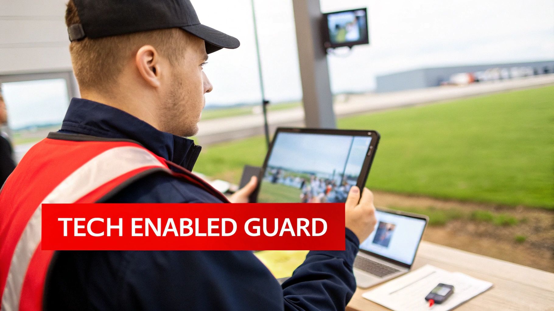 A security guard in a red vest monitors live feeds on a tablet and multiple screens.
