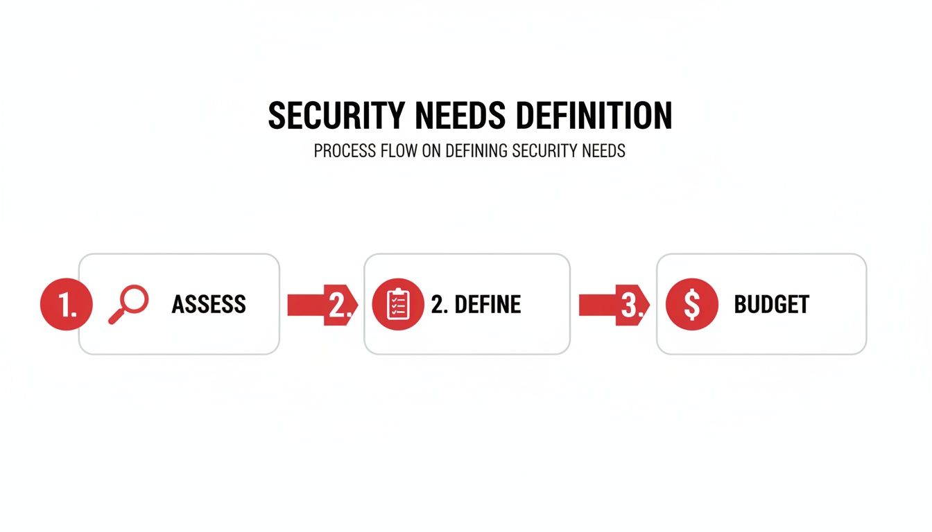 A process flow diagram illustrating three steps to define security needs: Assess, Define, and Budget.
