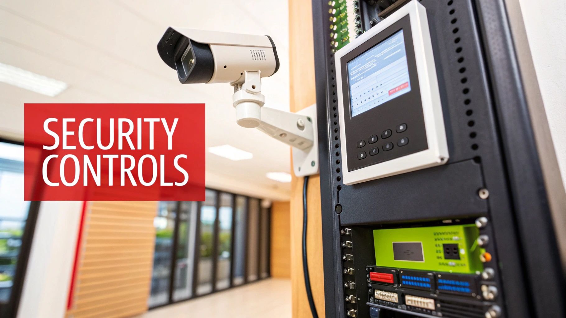 A security camera and control panel beside a data center rack with 'SECURITY CONTROLS' text.