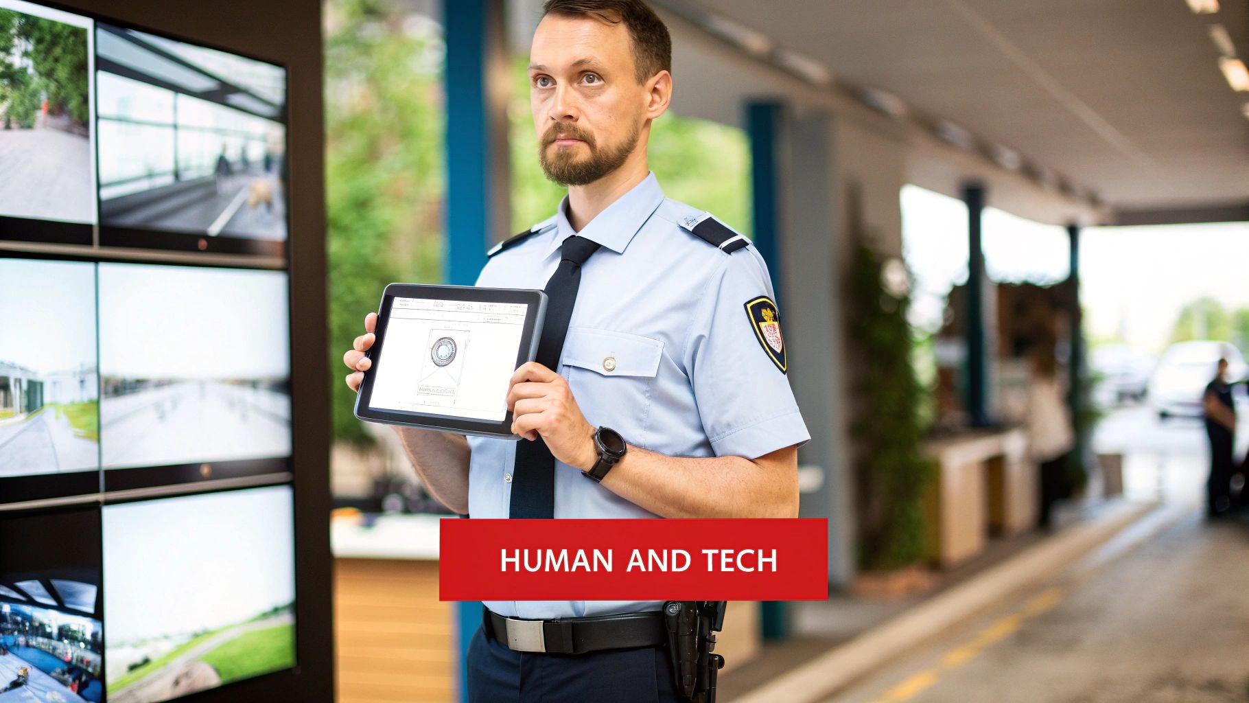 A security guard holds a tablet displaying data, standing by surveillance screens, representing human and technology.