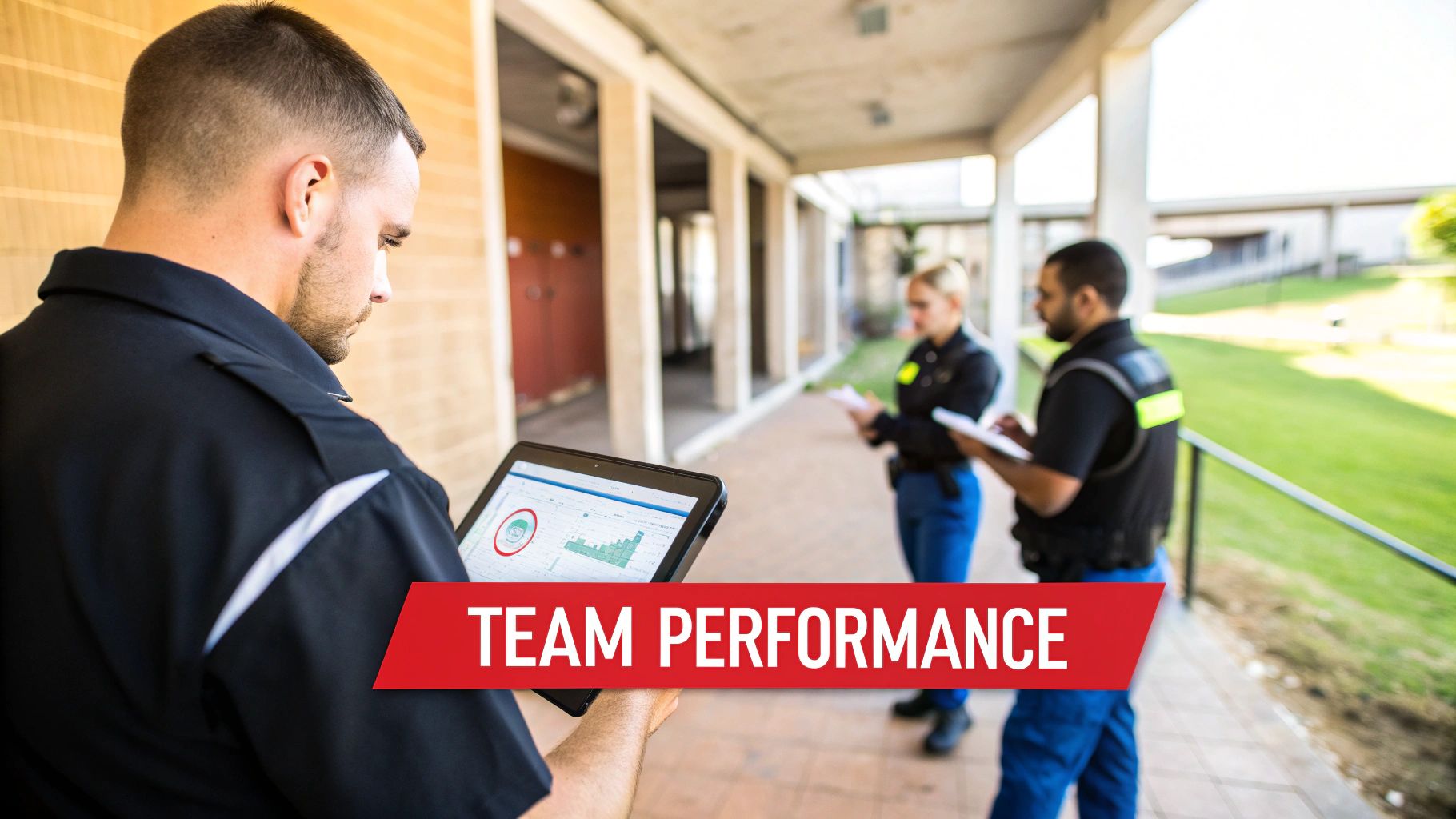 Security personnel reviewing team performance data on a tablet, with colleagues in the background.