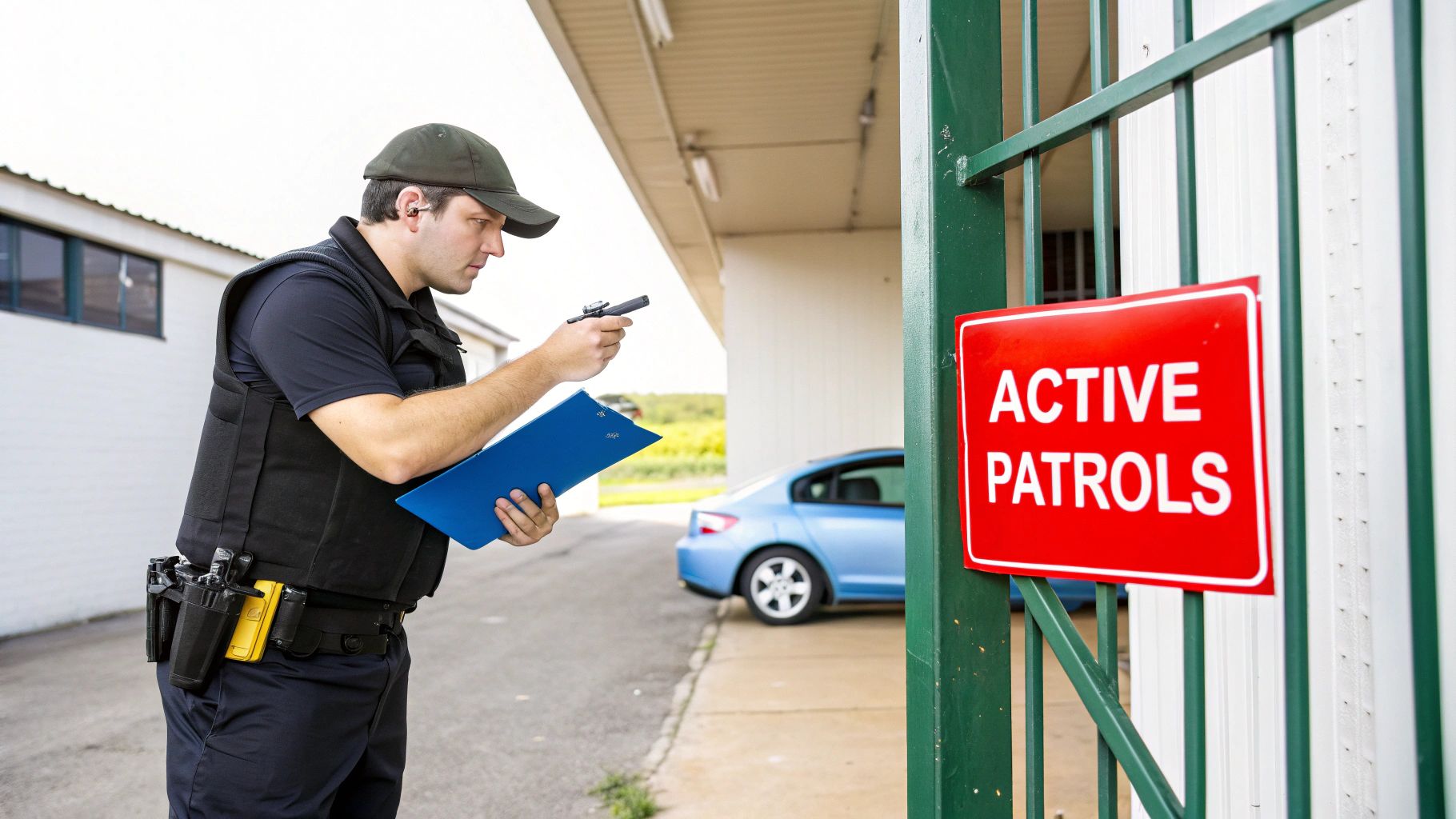 A security officer using a tablet to log information while patrolling a Fort Worth warehouse aisle.