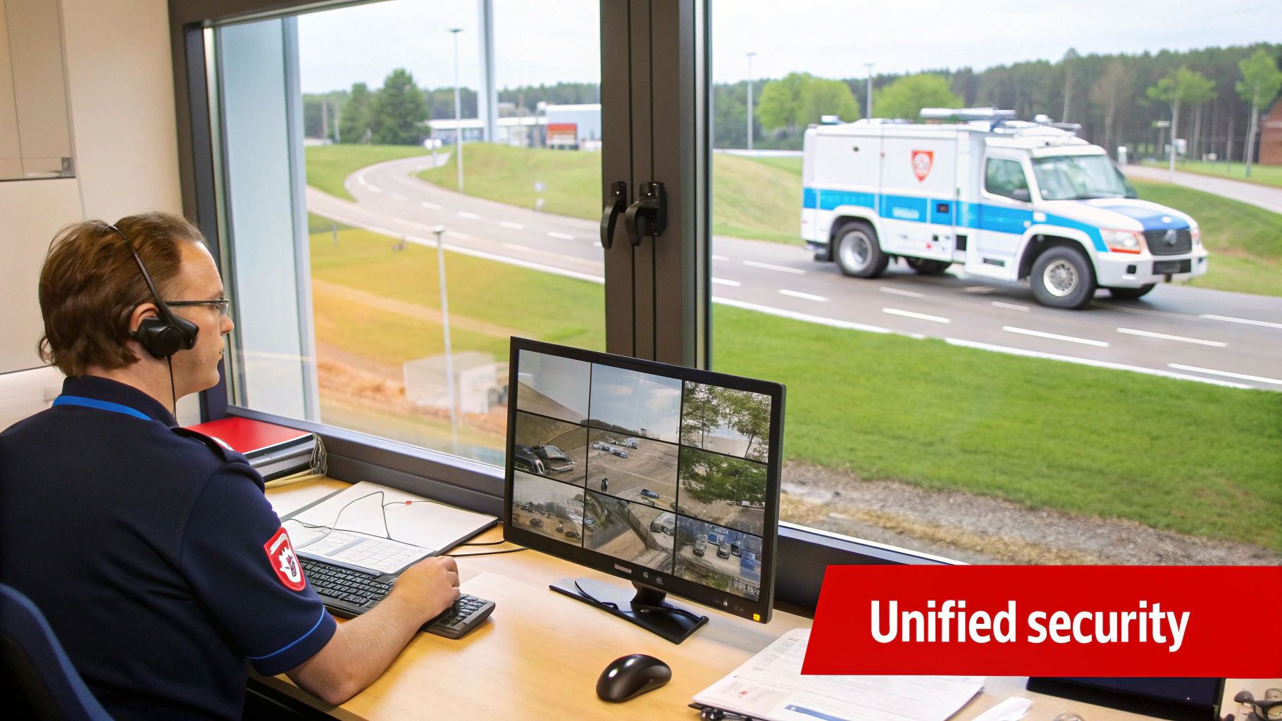 Security guard in control room monitoring surveillance feeds and an armored vehicle on a road.