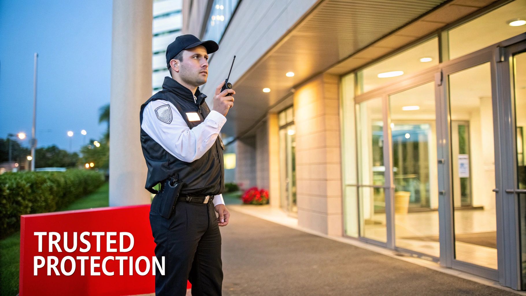 Security guard in uniform using a radio outside a modern building, with the text "TRUSTED PROTECTION" emphasizing professional security services offered by Overton Security in San Diego.
