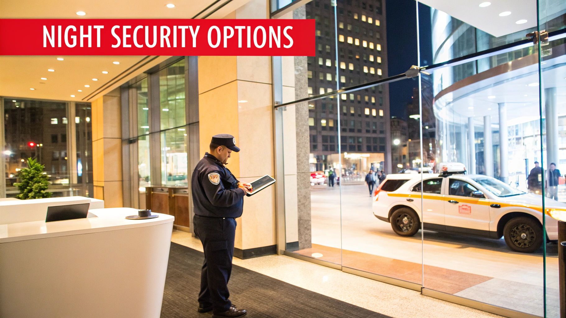 A security guard stands in a modern building lobby at night, looking at a tablet.