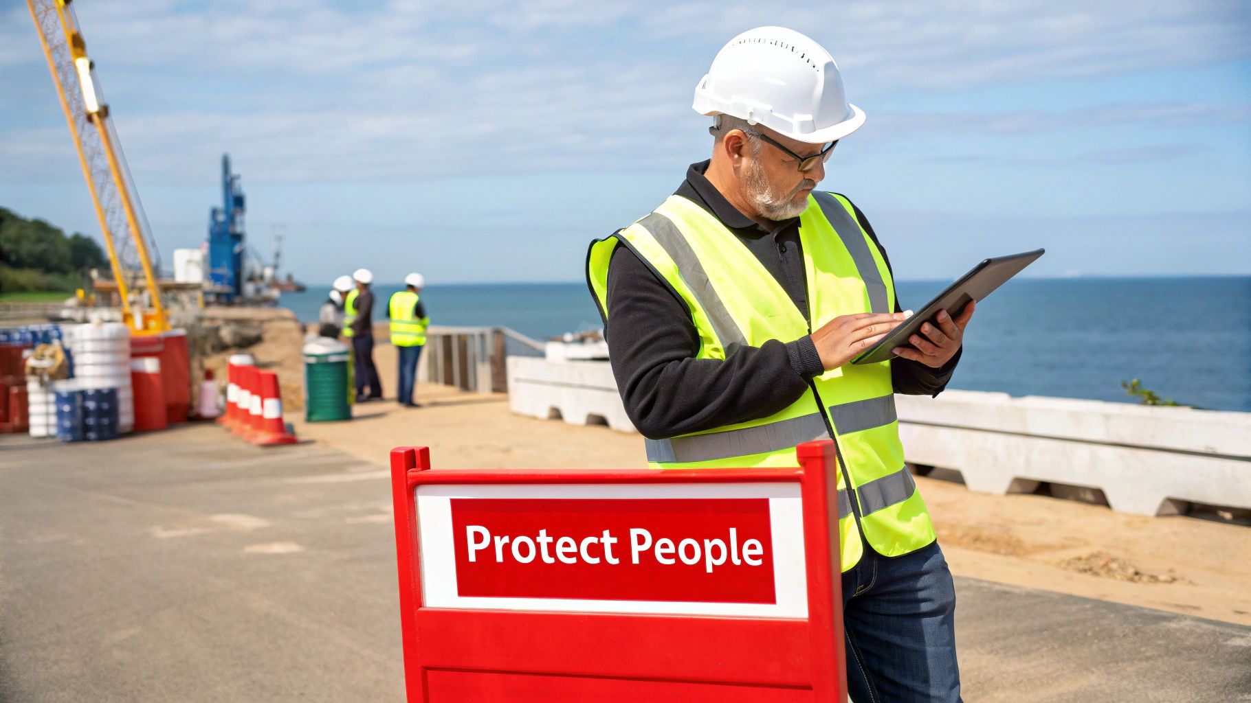 Construction worker in safety gear checking a tablet near the ocean with a 'Protect People' sign.