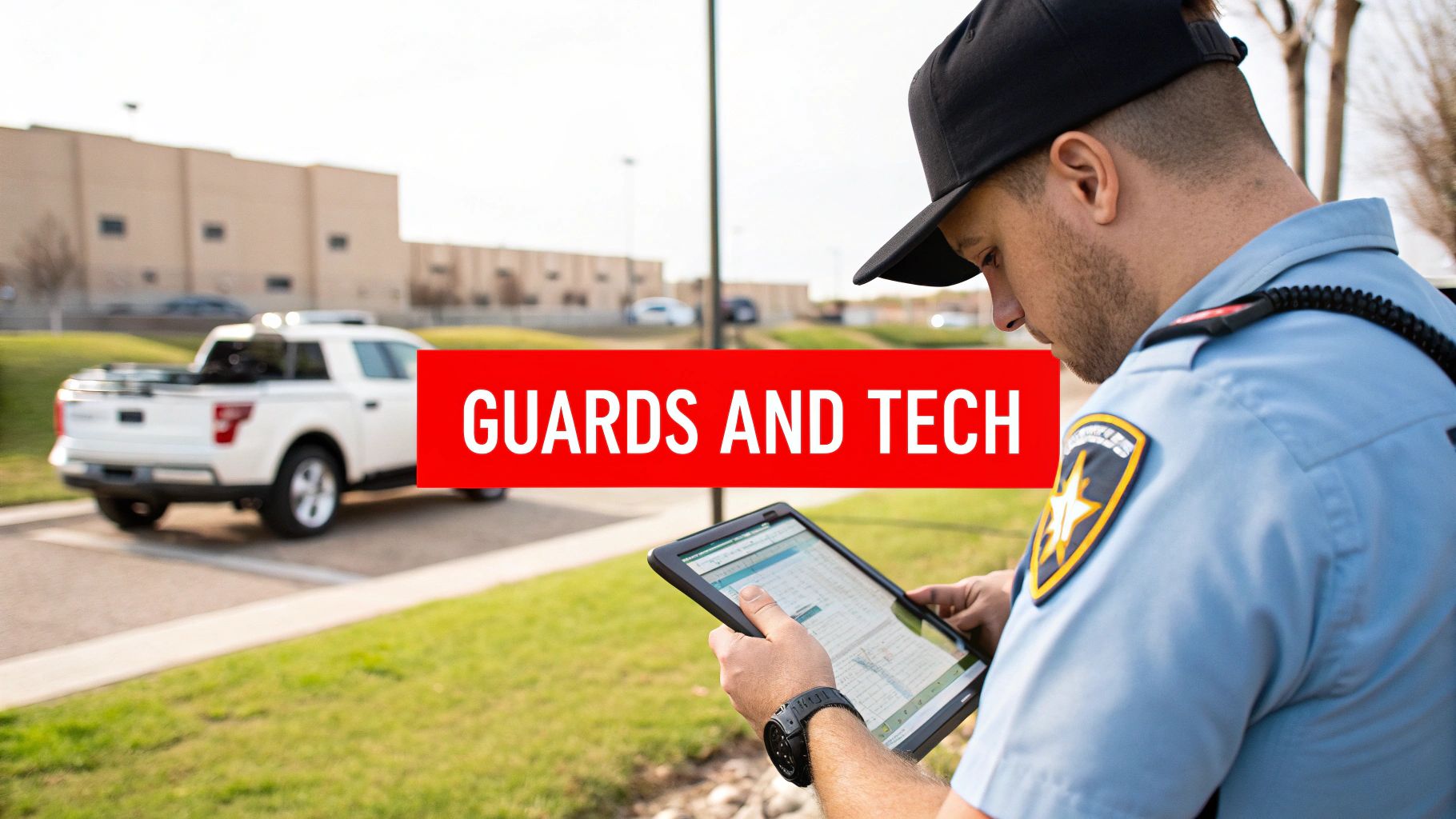 A security officer using a tablet on a construction site, demonstrating the blend of personnel and technology.