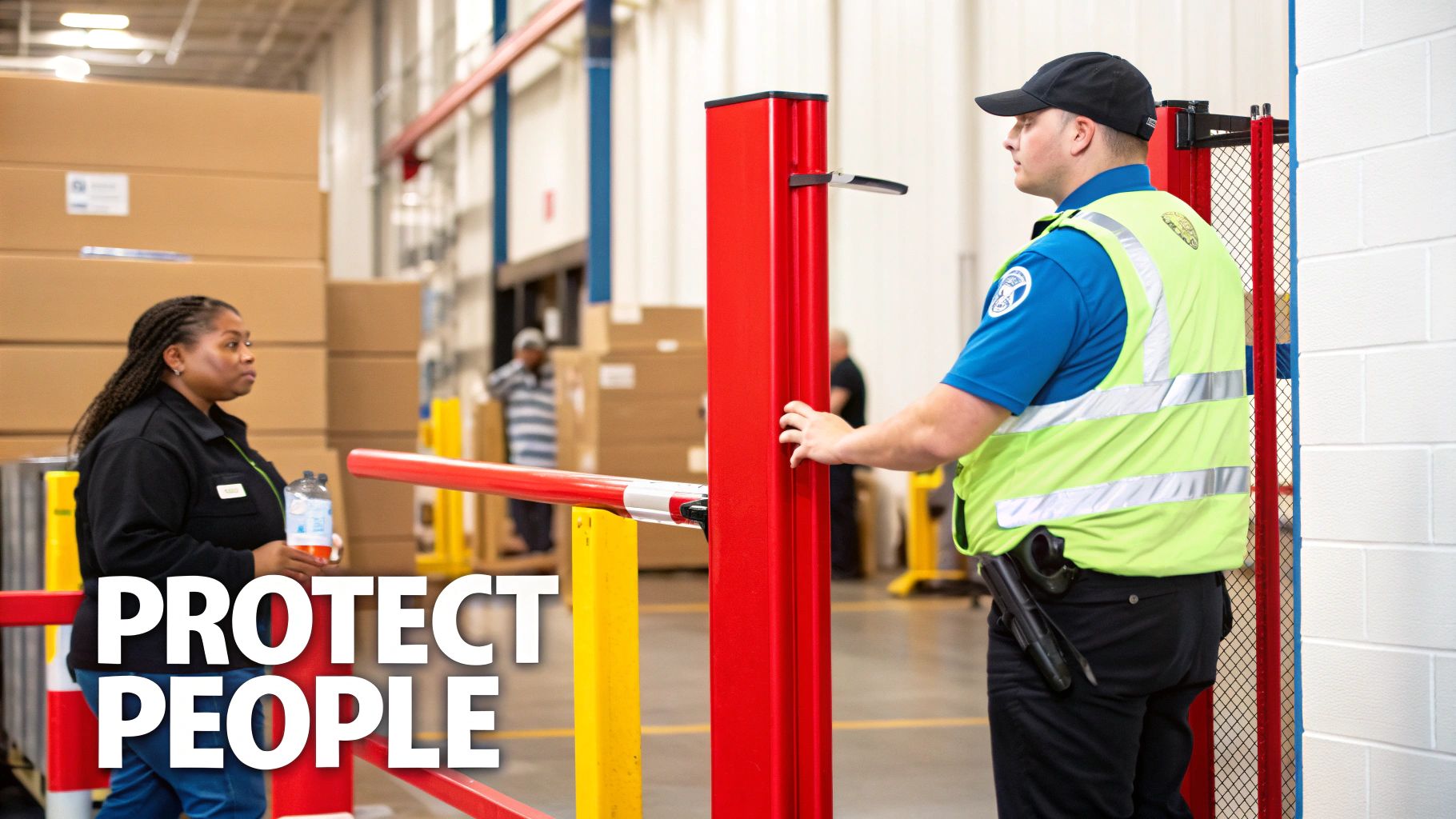 Warehouse worker wearing safety gear and inspecting inventory with a tablet, symbolizing a safe and efficient operational environment.