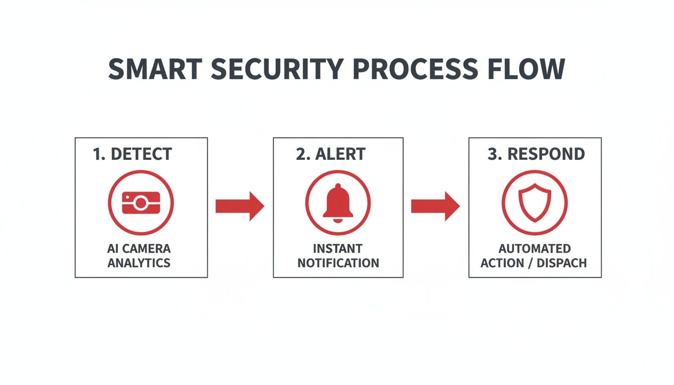 Flowchart illustrating a smart security process: detect with AI cameras, alert with instant notifications, and respond with automated actions.
