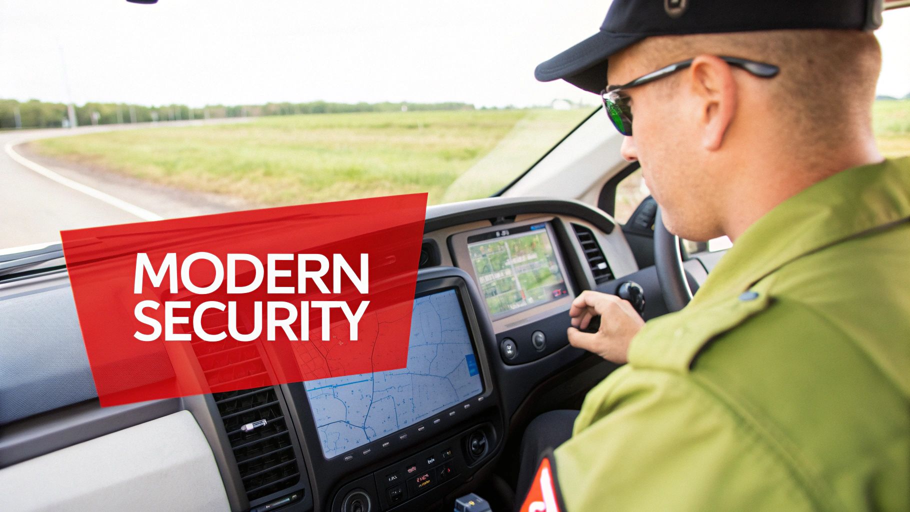 Security officer in vehicle using modern GPS navigation and monitoring systems for patrol services