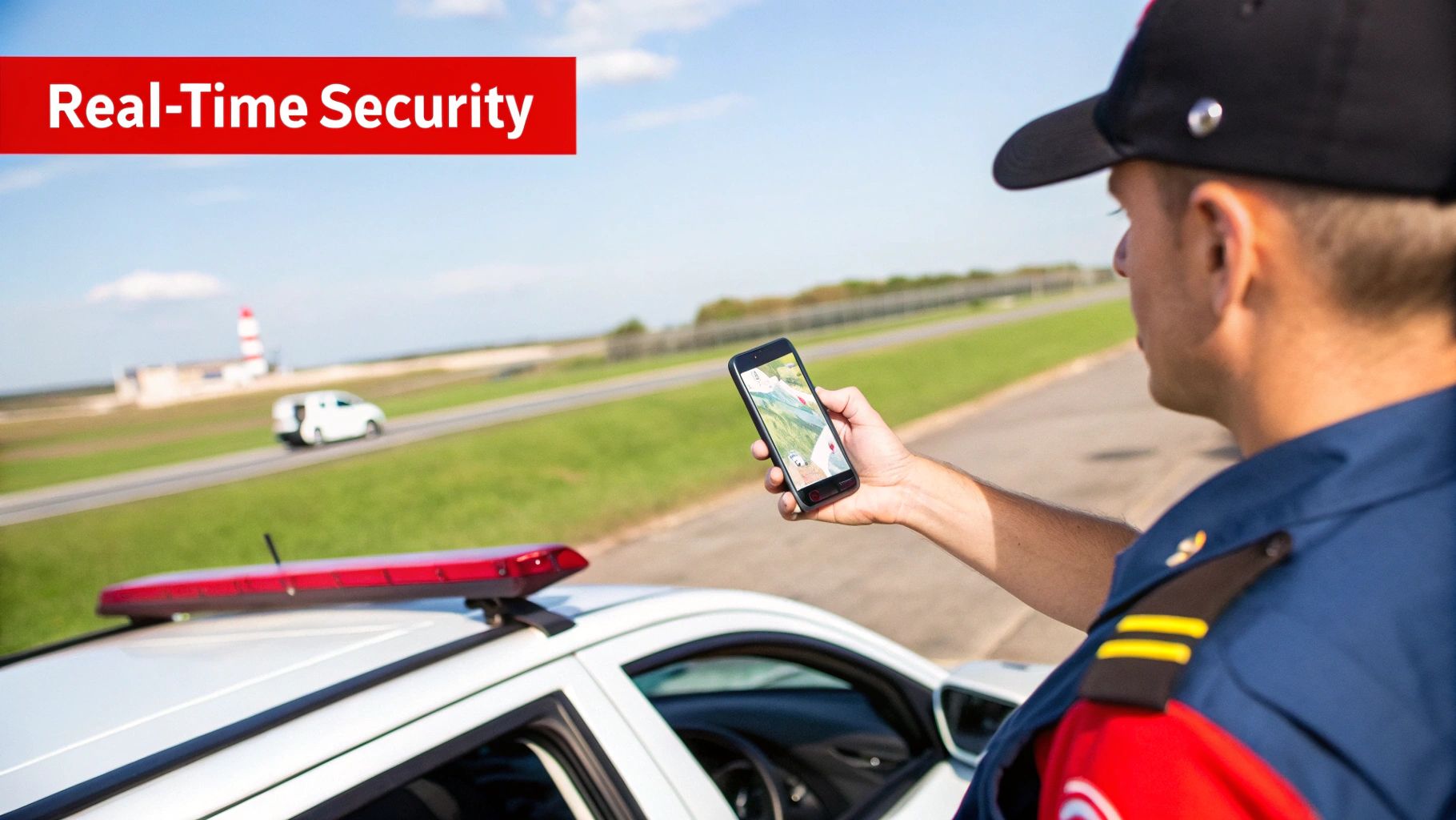 Security officer monitoring a site with a smartphone map application for real-time security.