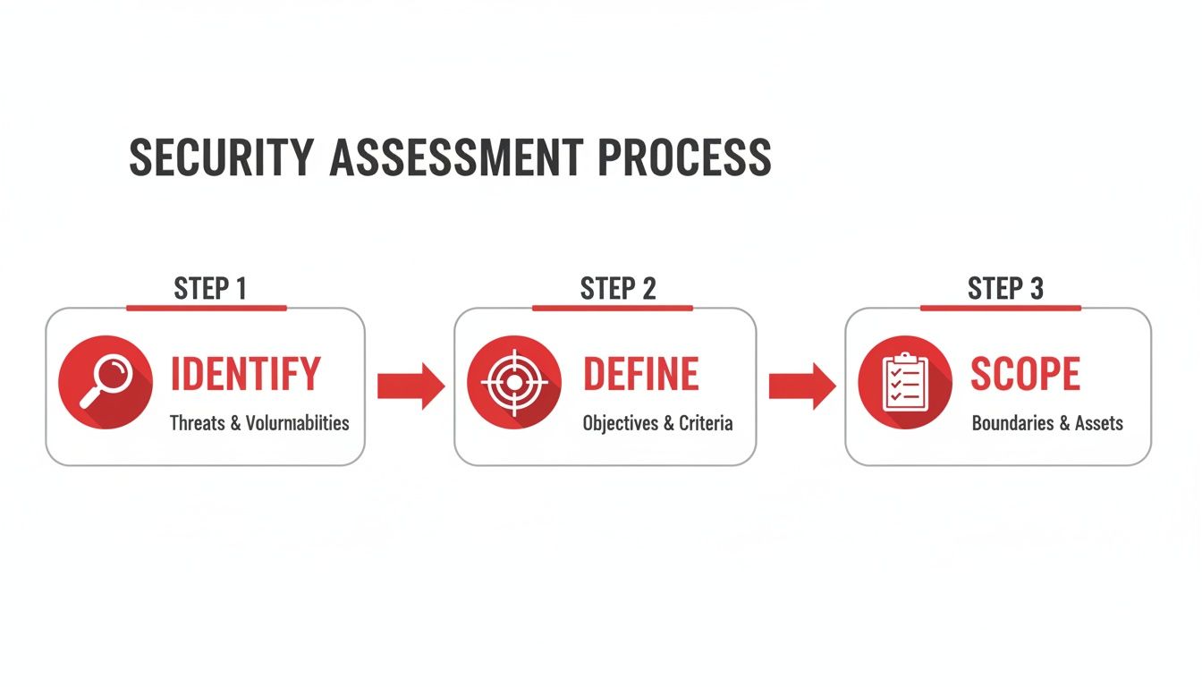 Infographic detailing the three-step security assessment process: identify, define, and scope.