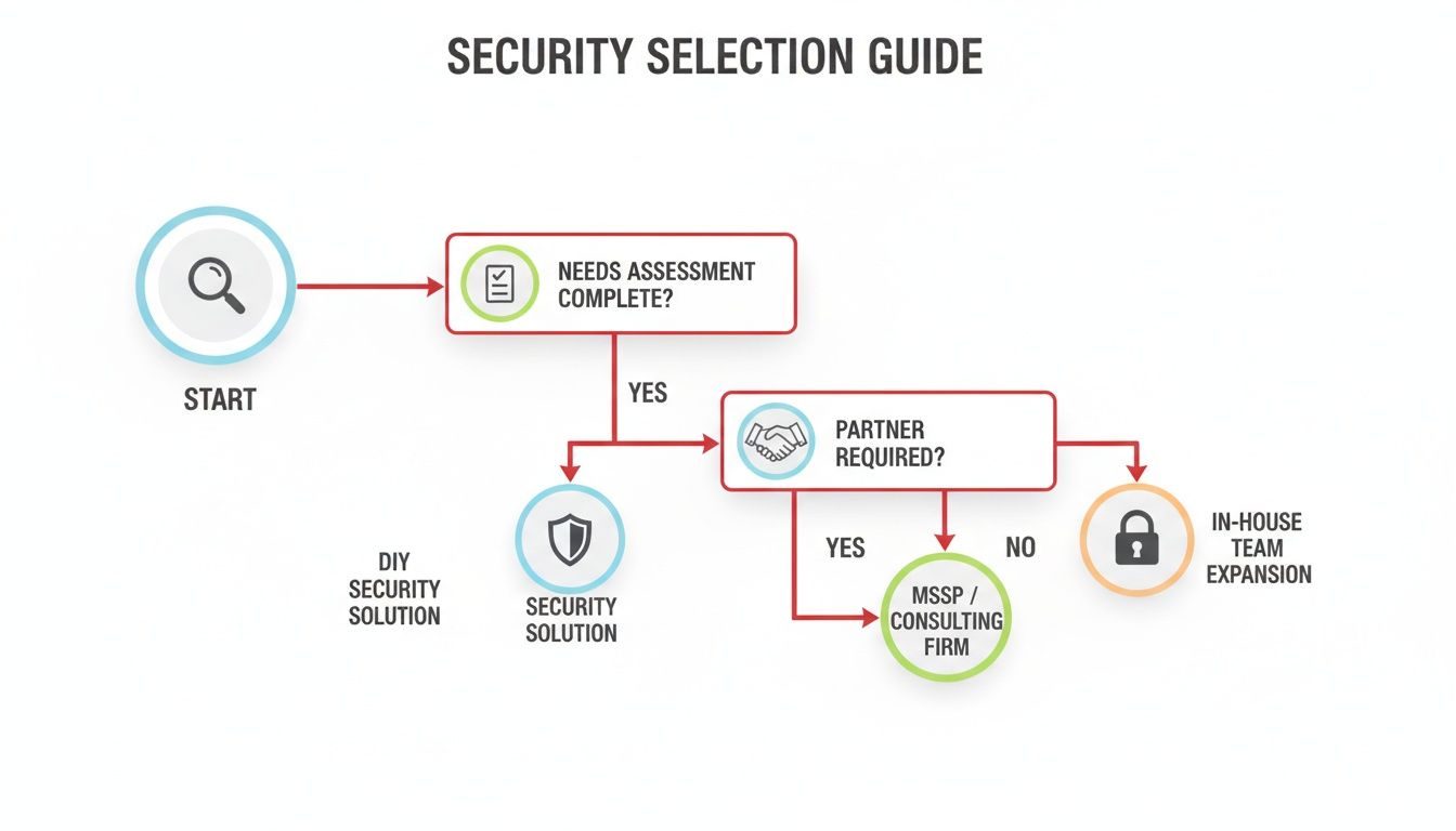 Flowchart illustrating a security solution selection guide, covering needs assessment, partner decisions, and implementation options.