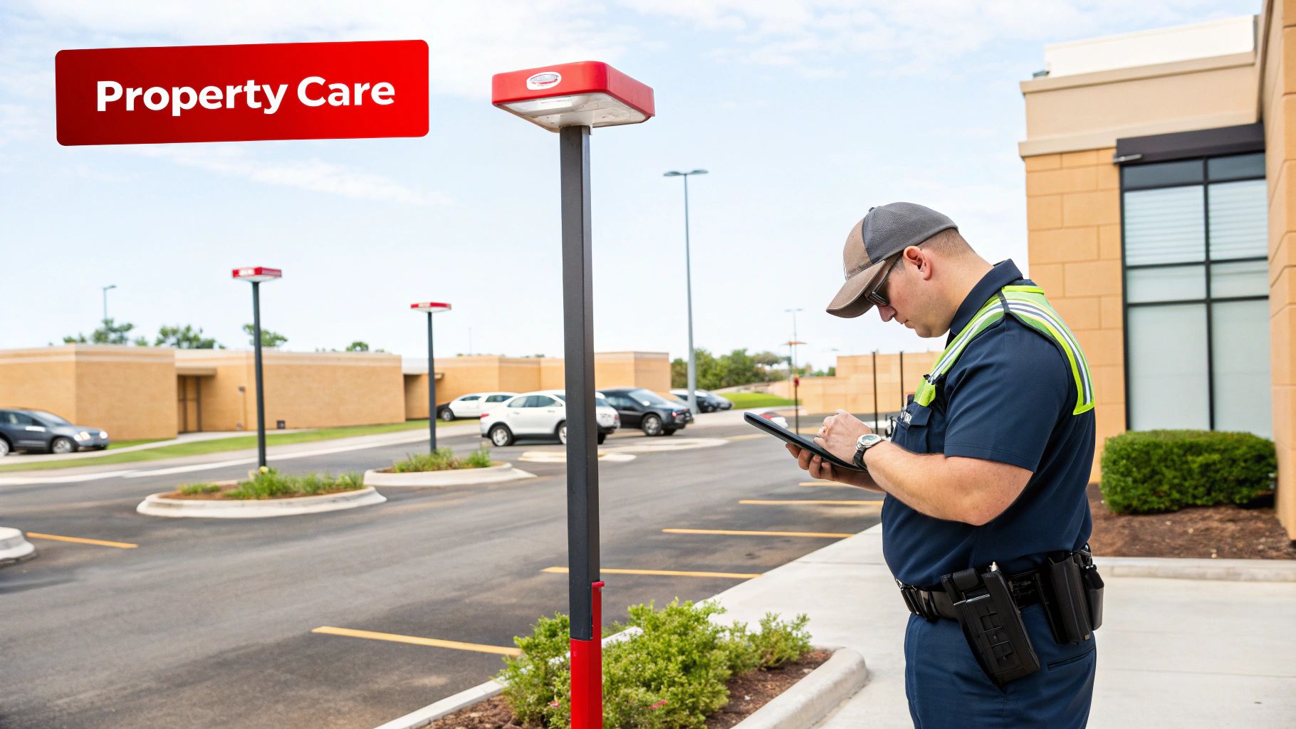 A uniformed man in a cap inspects a commercial property's parking lot using a tablet.