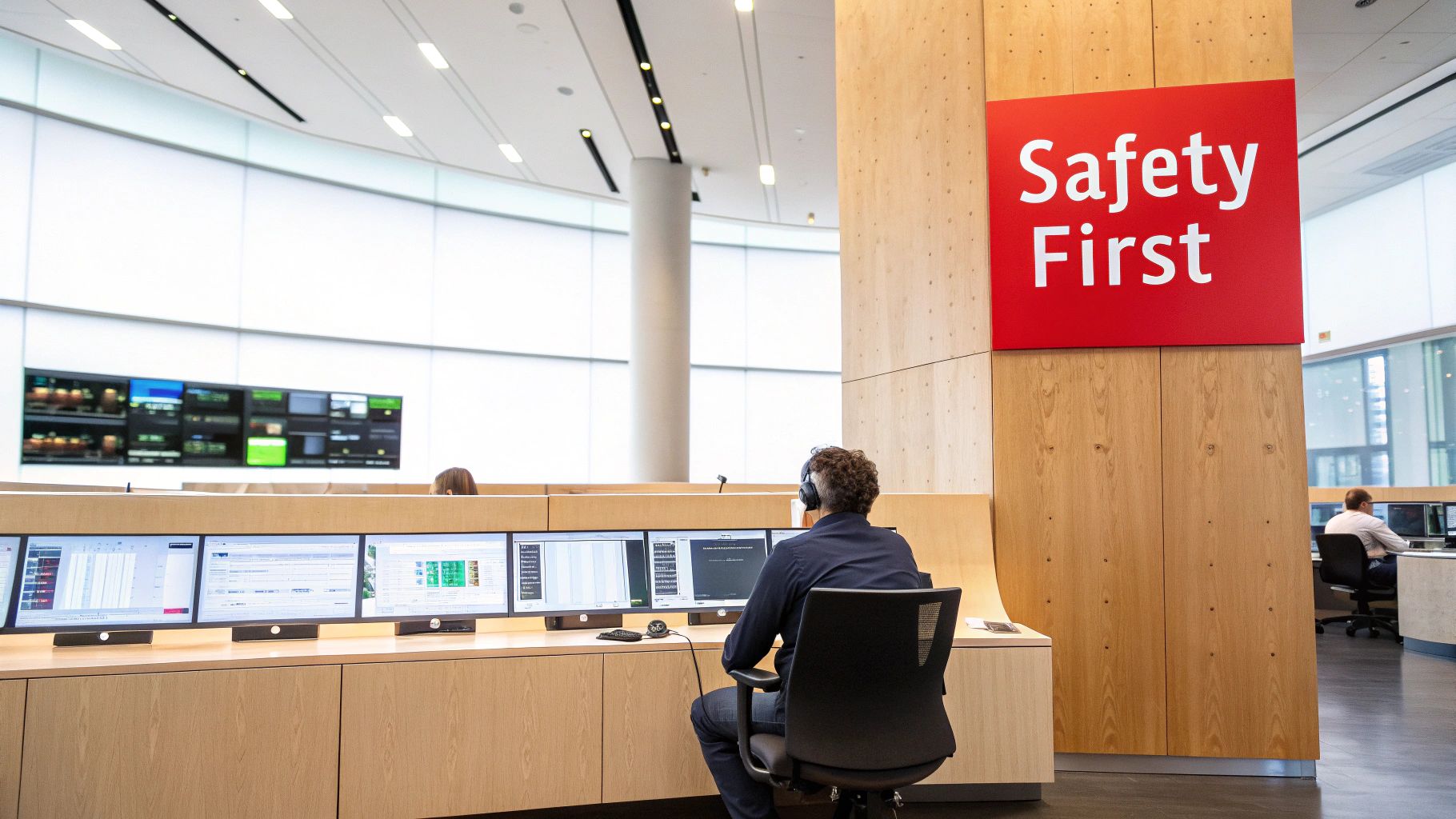 Emergency communications center with "Safety First" sign, operator managing multiple screens, illustrating crisis response and communication efficiency.