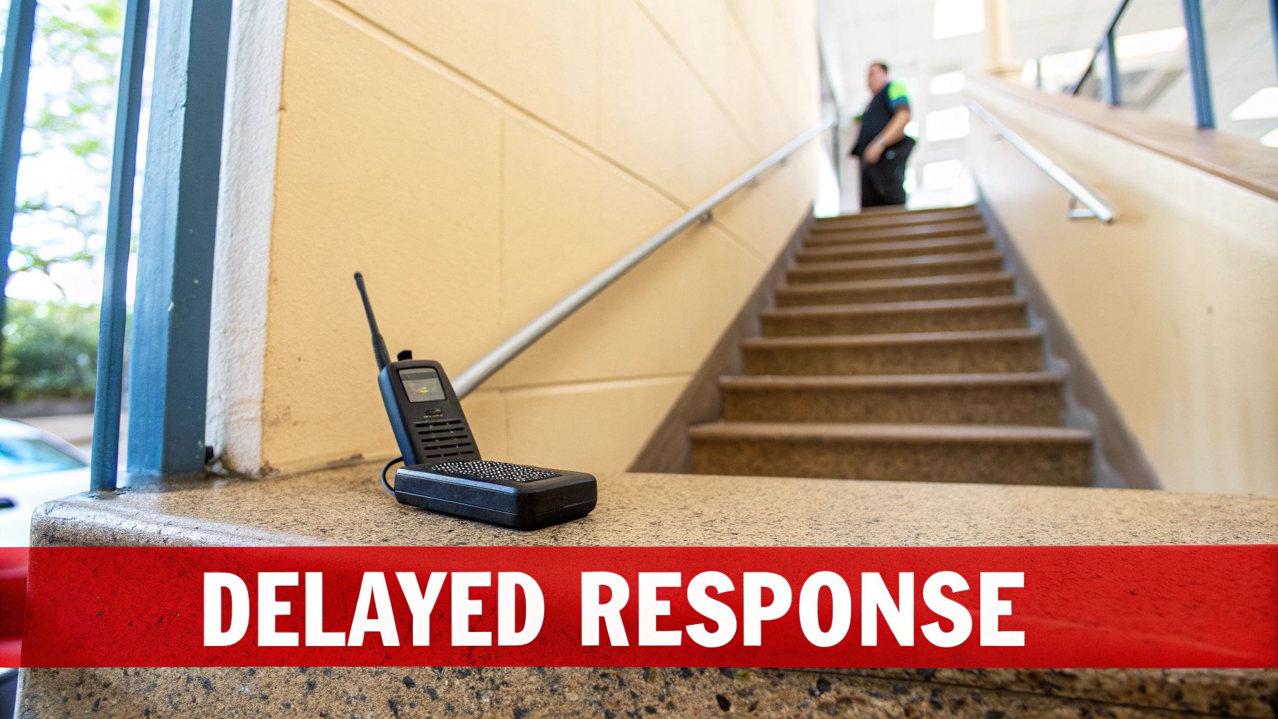 Two-way radio on a ledge with "DELAYED RESPONSE" text, emphasizing communication challenges during emergencies, staircase and security personnel in the background.
